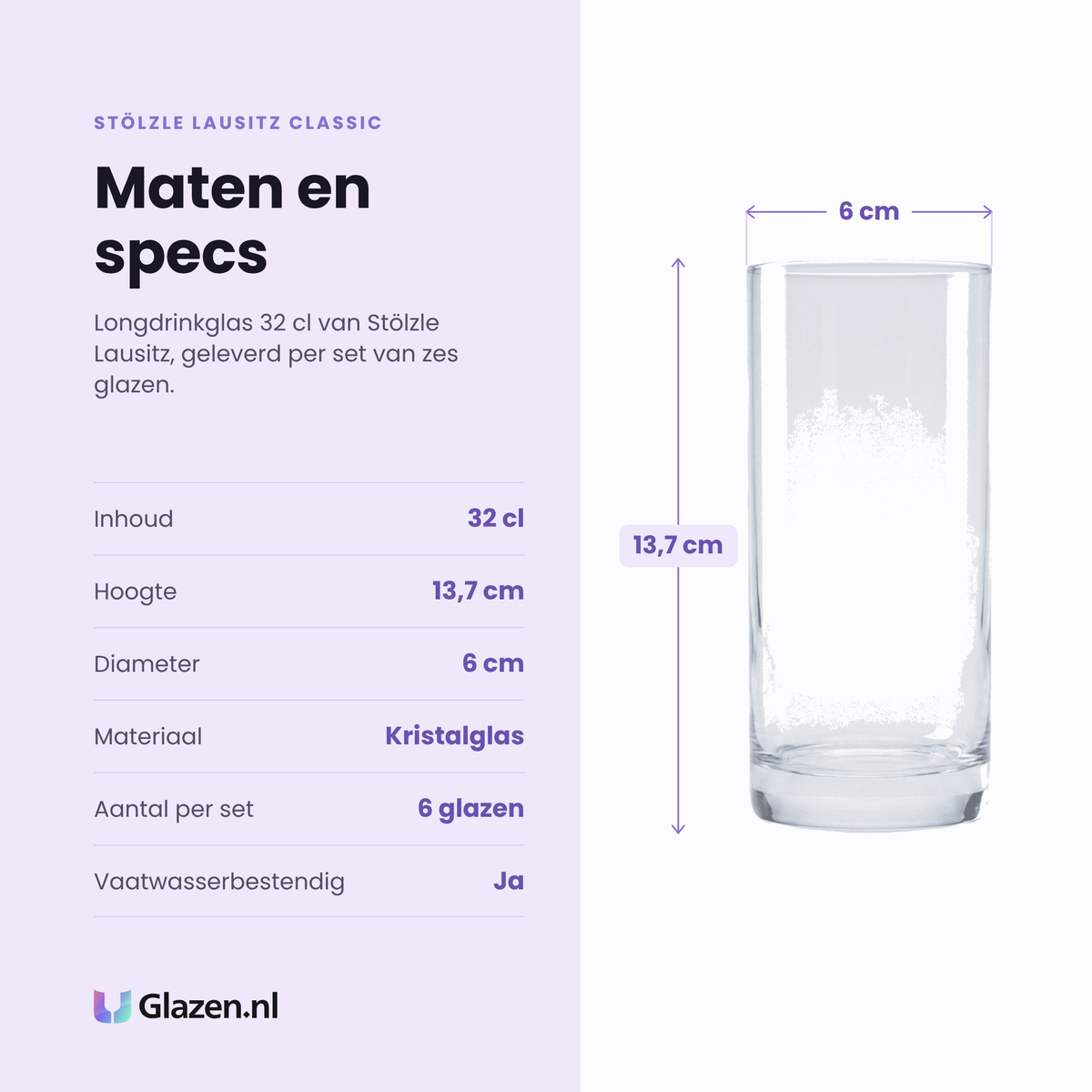 Stölzle Lausitz Classic longdrinkglas 32 cl specificaties: inhoud 32 cl, hoogte 13,7 cm, diameter 6 cm, kristalglas, set van 6