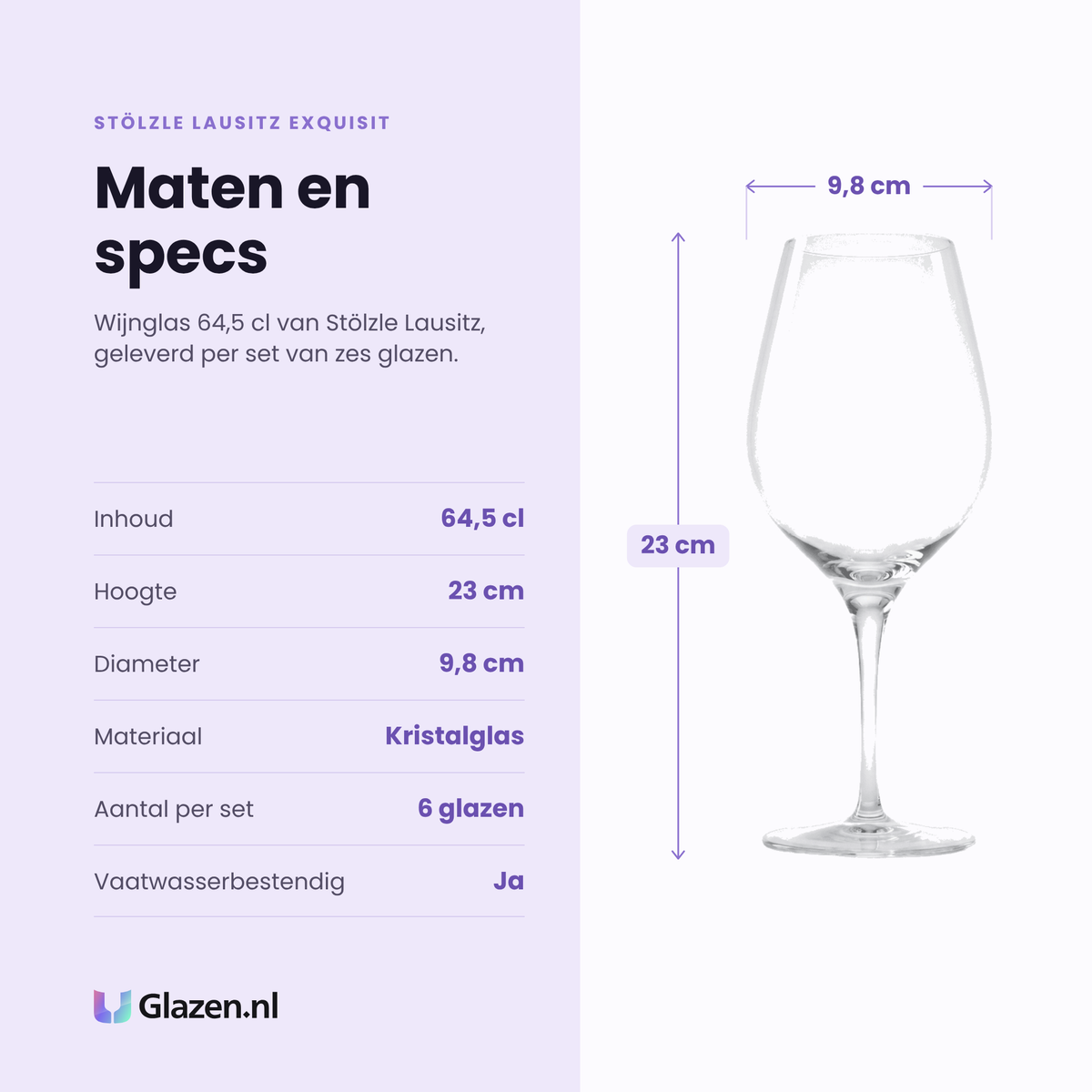 Stölzle Lausitz Exquisit wijnglas 64,5 cl specificaties: inhoud 64,5 cl, hoogte 23 cm, diameter 9,8 cm, kristalglas, set van 6