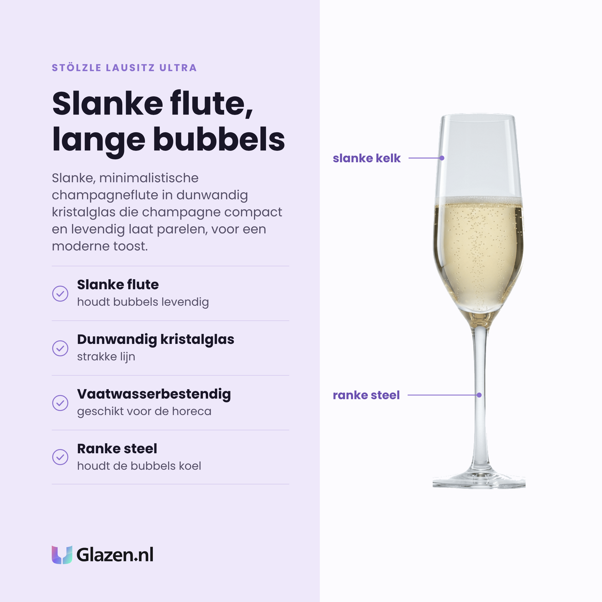 Stölzle Lausitz Ultra champagneflute 19 cl eigenschappen: slanke flute, dunwandig kristalglas, vaatwasserbestendig, ranke steel