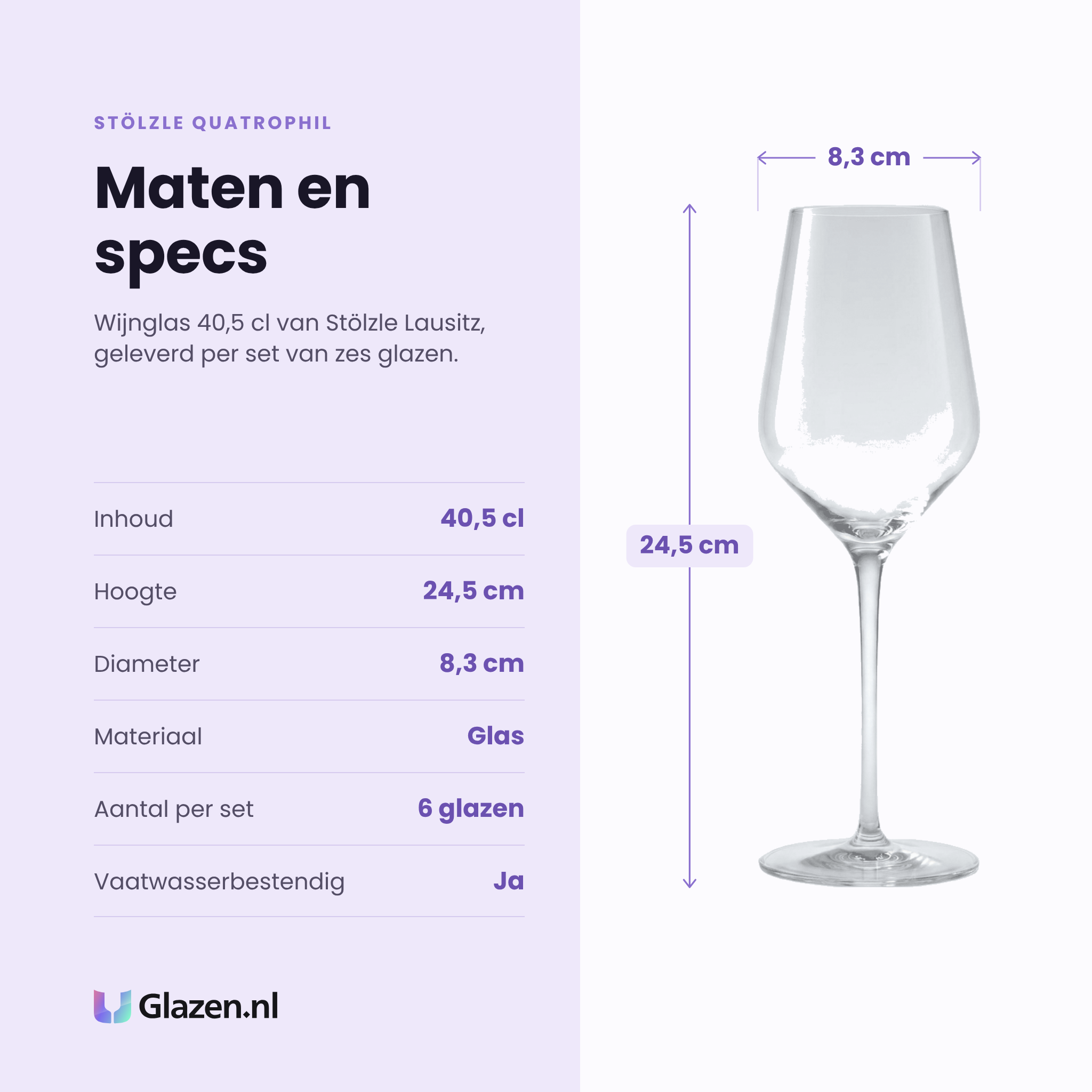 Stölzle Lausitz Quatrophil wijnglas 40,5 cl specificaties: inhoud 40,5 cl, hoogte 24,5 cm, diameter 8,3 cm, glas, set van 6