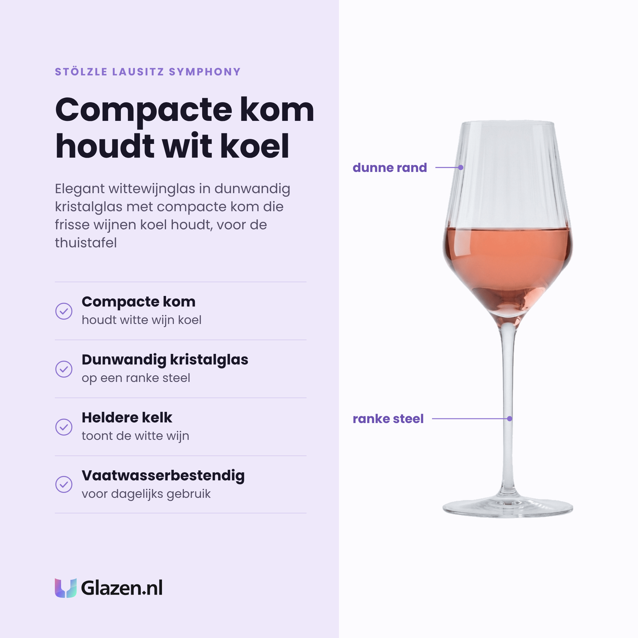 Stölzle Lausitz Symphony wijnglas 40 cl eigenschappen: compacte kom houdt witte wijn koel, dunwandig kristalglas op ranke steel, heldere kelk, vaatwasserbestendig
