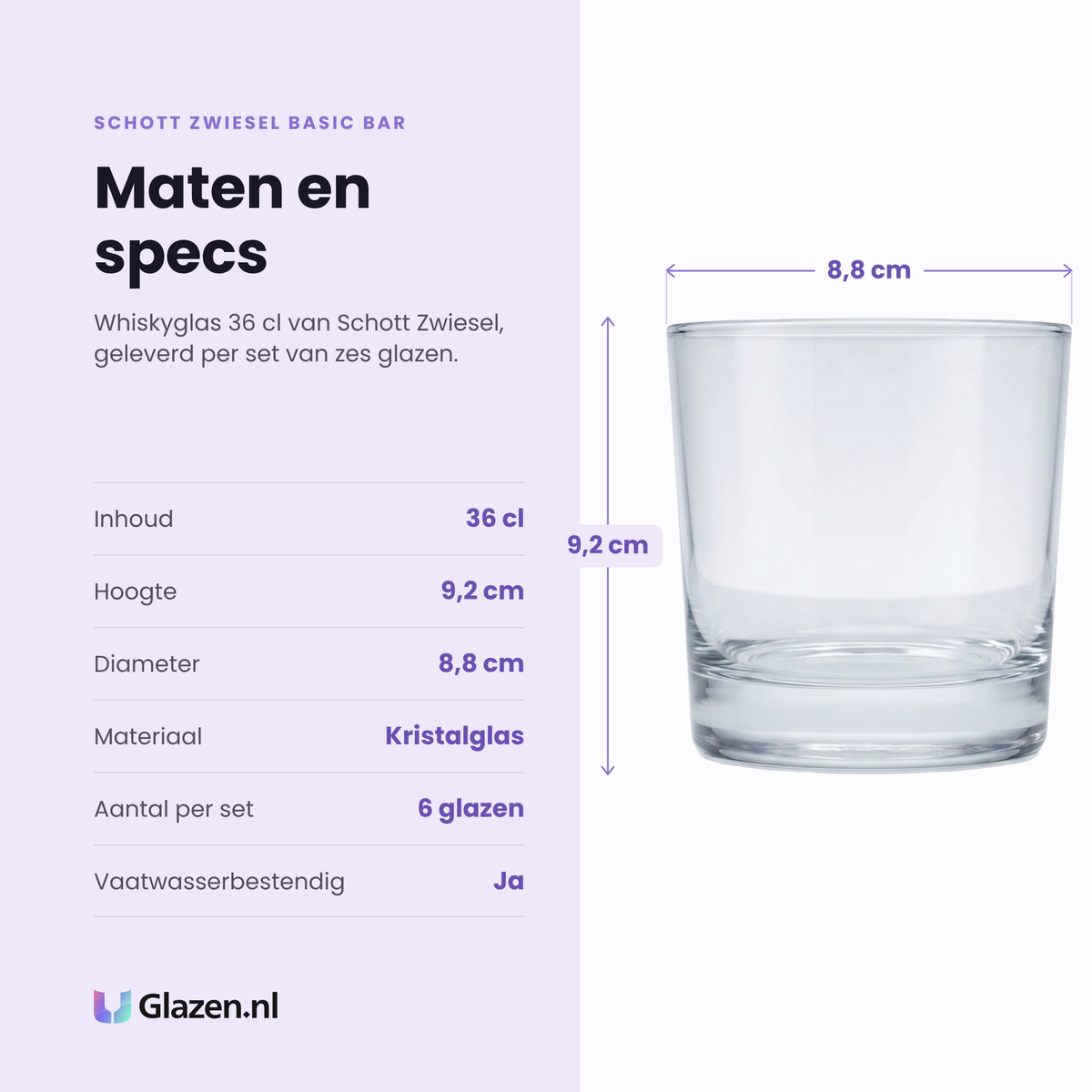 Schott Zwiesel Basic Bar whiskyglas 36 cl specificaties: inhoud 36 cl, hoogte 9,2 cm, diameter 8,8 cm, kristalglas, set van 6