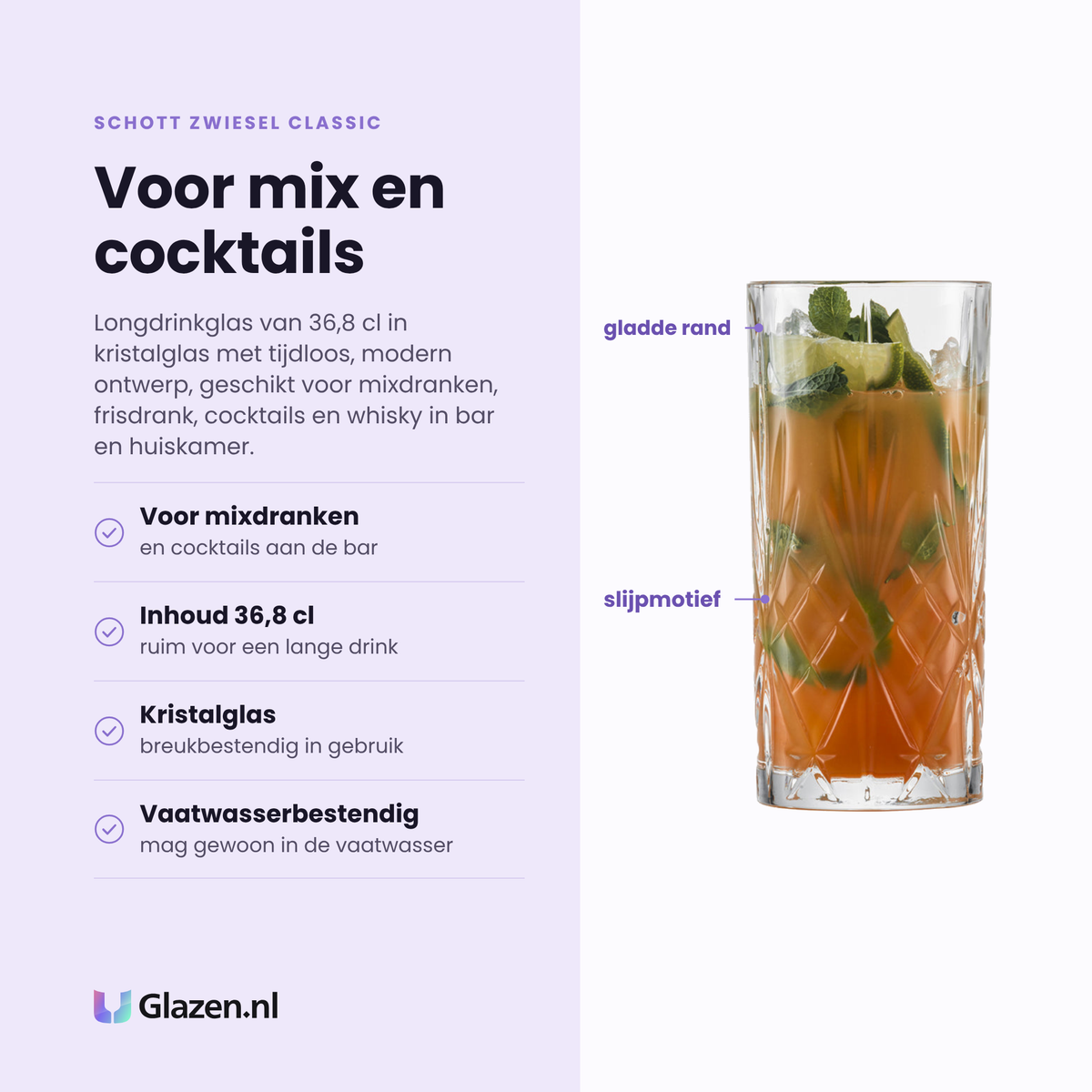 Schott Zwiesel Classic longdrinkglas 36,8 cl eigenschappen: voor mixdranken en cocktails, inhoud 36,8 cl, kristalglas breukbestendig, vaatwasserbestendig