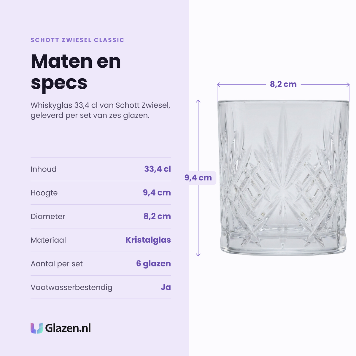 Schott Zwiesel Classic whiskyglas 33,4 cl specificaties: inhoud 33,4 cl, hoogte 9,4 cm, diameter 8,2 cm, kristalglas, set van 6