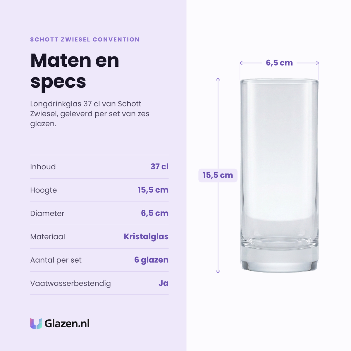 Schott Zwiesel Convention longdrinkglas 37 cl specificaties: inhoud 37 cl, hoogte 15,5 cm, diameter 6,5 cm, kristalglas, set van 6