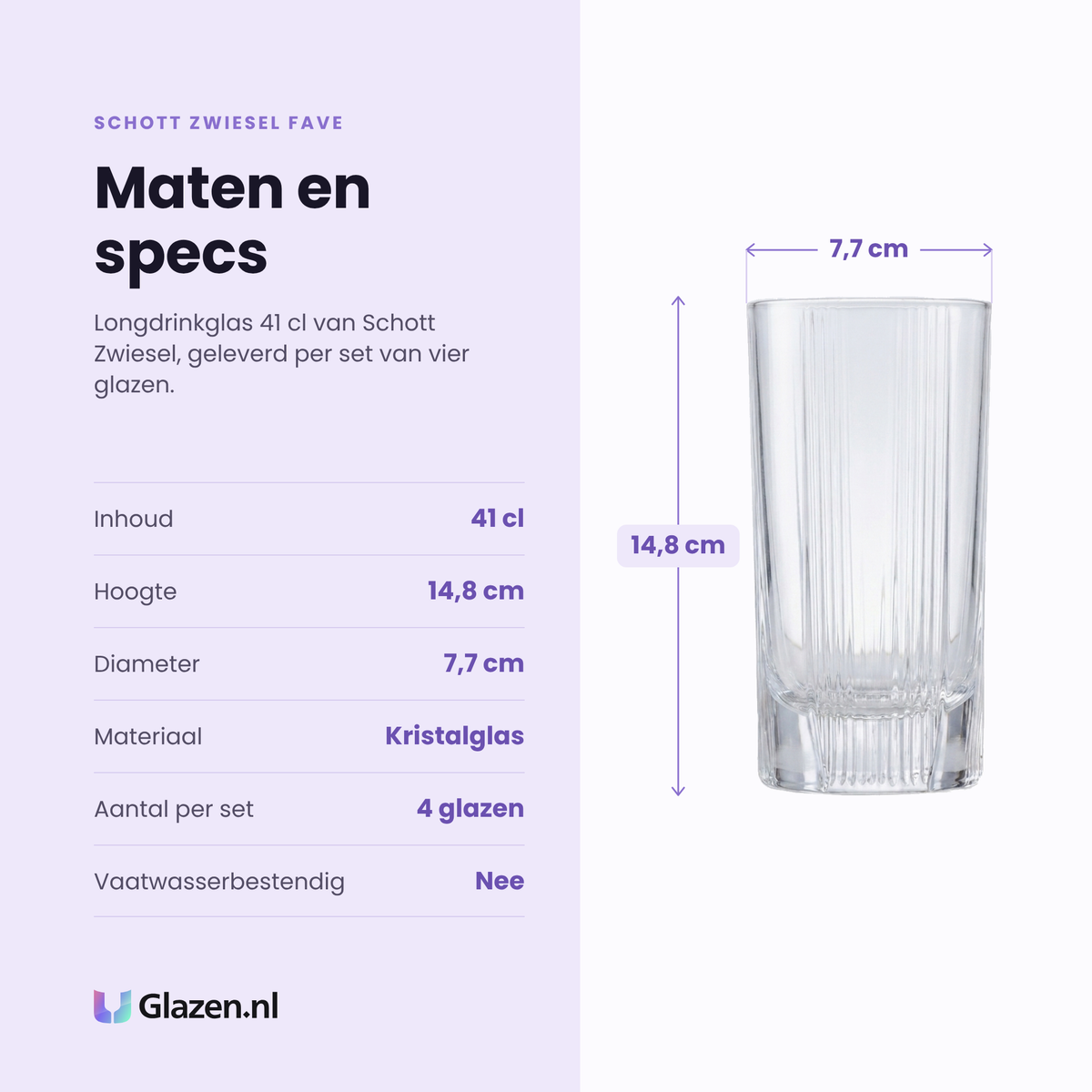 Schott Zwiesel Fave longdrinkglas 41 cl specificaties: inhoud 41 cl, hoogte 14,8 cm, diameter 7,7 cm, kristalglas, set van 4