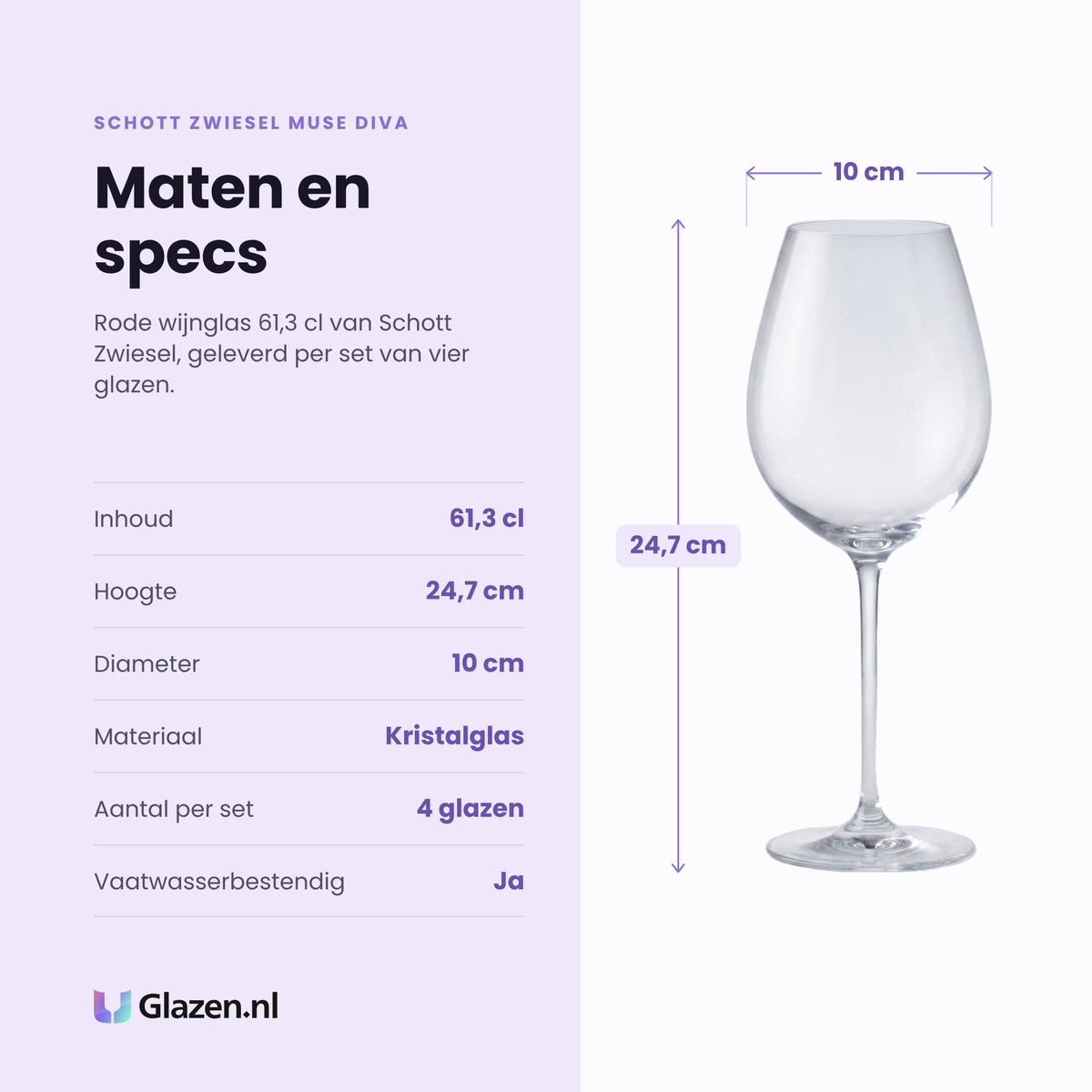 Schott Zwiesel Muse Diva rode wijnglas 61,3 cl specificaties: inhoud 61,3 cl, hoogte 24,7 cm, diameter 10 cm, kristalglas, set van 4