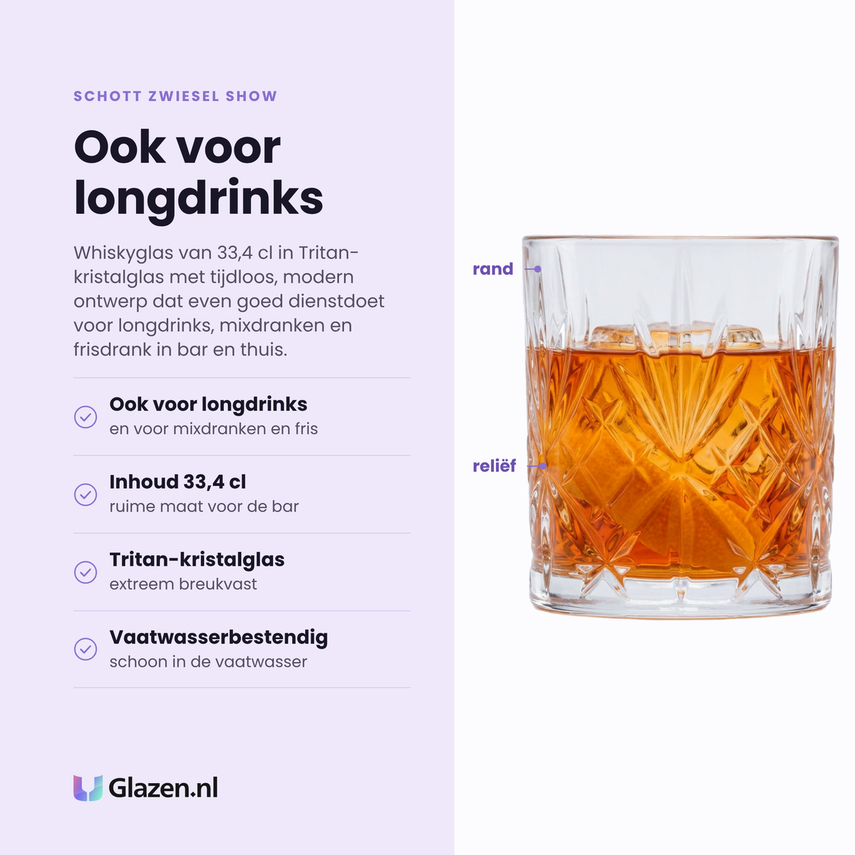 Schott Zwiesel Show whiskyglas 33,4 cl eigenschappen: ook voor longdrinks, inhoud 33,4 cl, tritan-kristalglas, vaatwasserbestendig