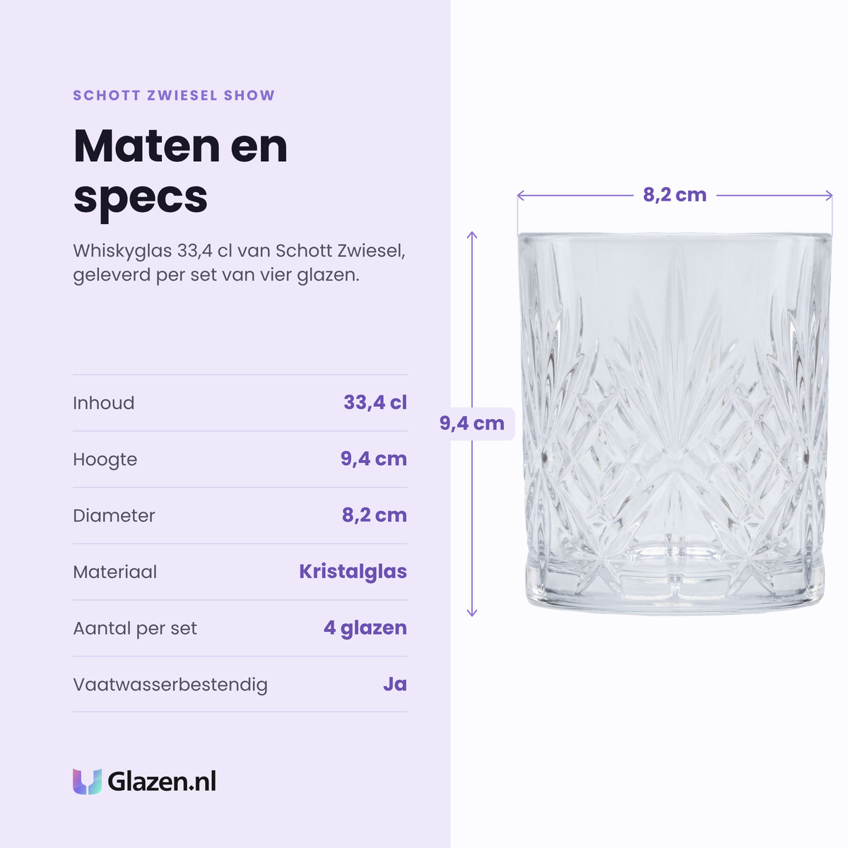 Schott Zwiesel Show whiskyglas 33,4 cl specificaties: inhoud 33,4 cl, hoogte 9,4 cm, diameter 8,2 cm, kristalglas, set van 4