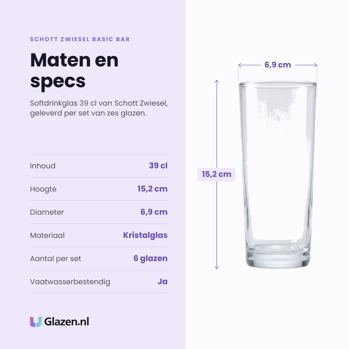 Schott Zwiesel Basic Bar softdrinkglas 39 cl specificaties: inhoud 39 cl, hoogte 15,2 cm, diameter 6,9 cm, kristalglas, set van 6