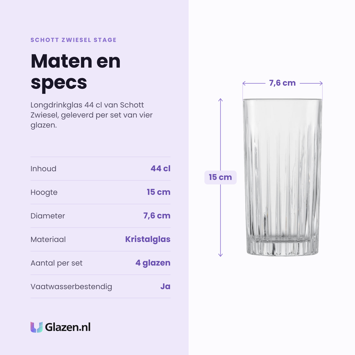 Schott Zwiesel Stage longdrinkglas 44 cl specificaties: inhoud 44 cl, hoogte 15 cm, diameter 7,6 cm, kristalglas, set van 4