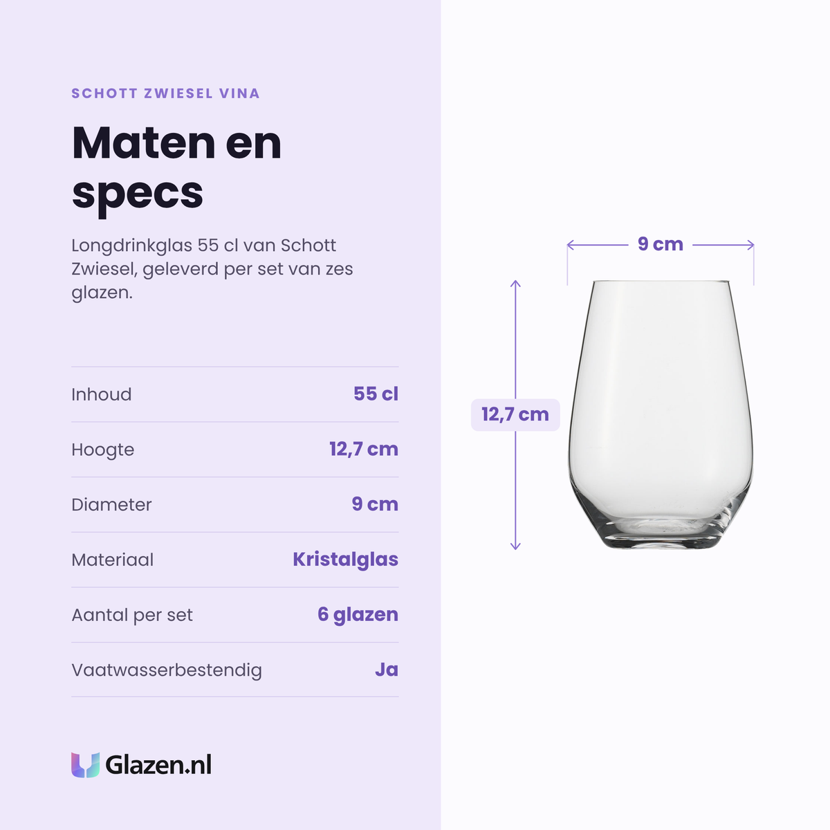 Schott Zwiesel Vina longdrinkglas 55 cl specificaties: inhoud 55 cl, hoogte 12,7 cm, diameter 9 cm, kristalglas, set van 6