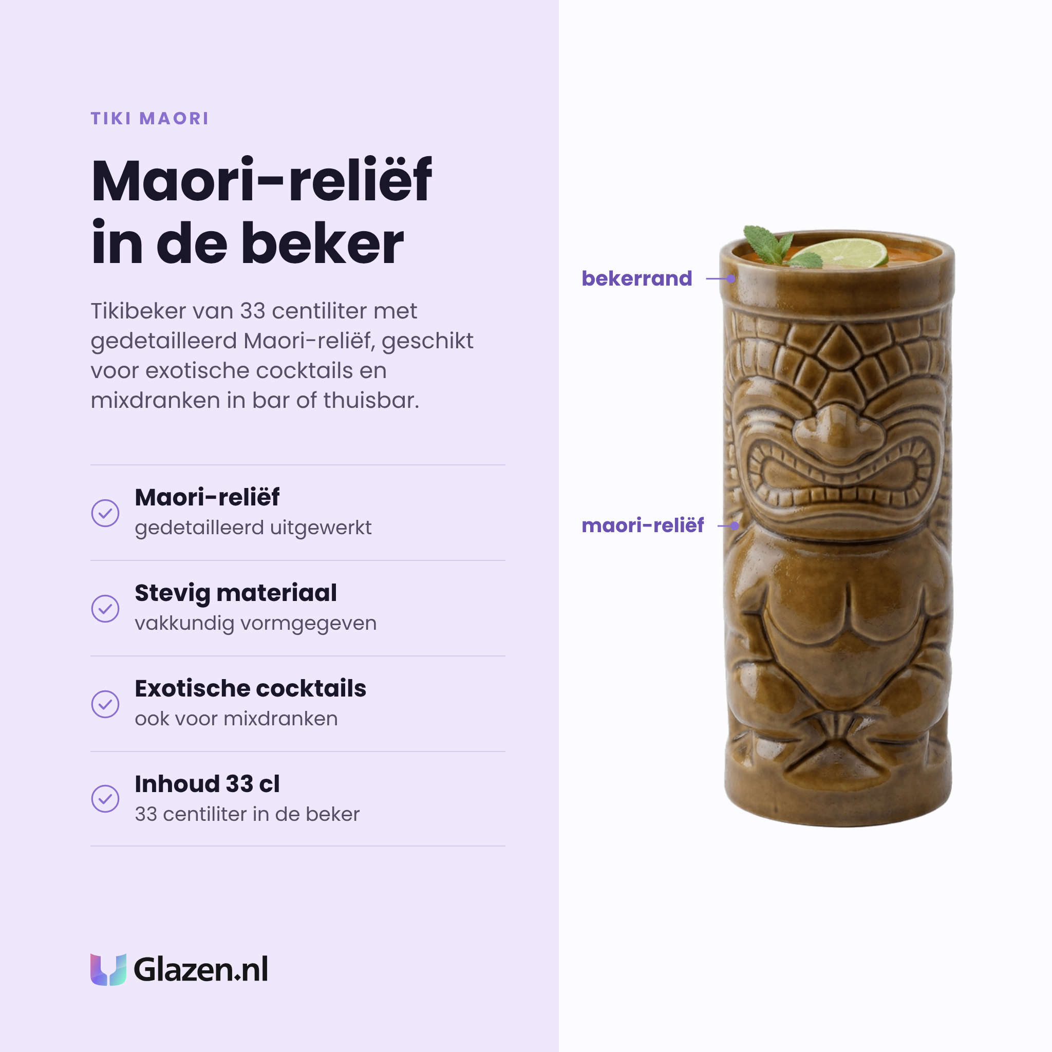 Tiki Maori tikibeker 33 cl eigenschappen: maori-reliëf, stevig materiaal, voor exotische cocktails, inhoud 33 cl