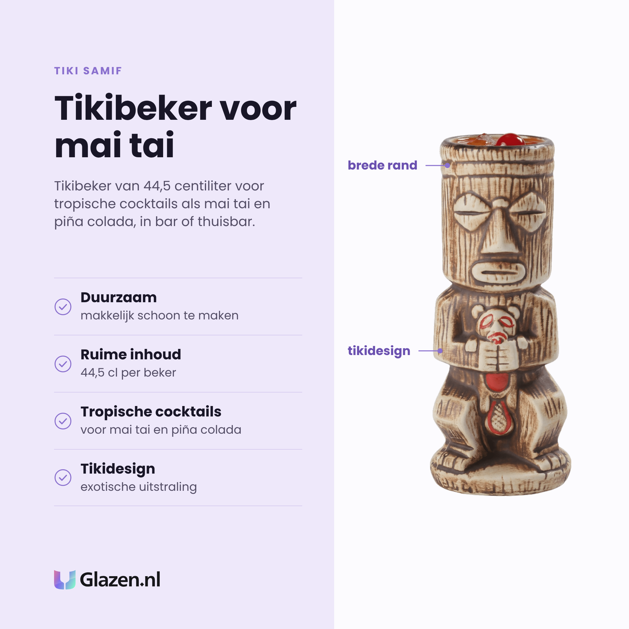 Tiki Samif tikibeker 44,5 cl eigenschappen: duurzaam en makkelijk schoon, ruime inhoud, voor mai tai en piña colada, exotisch tikidesign