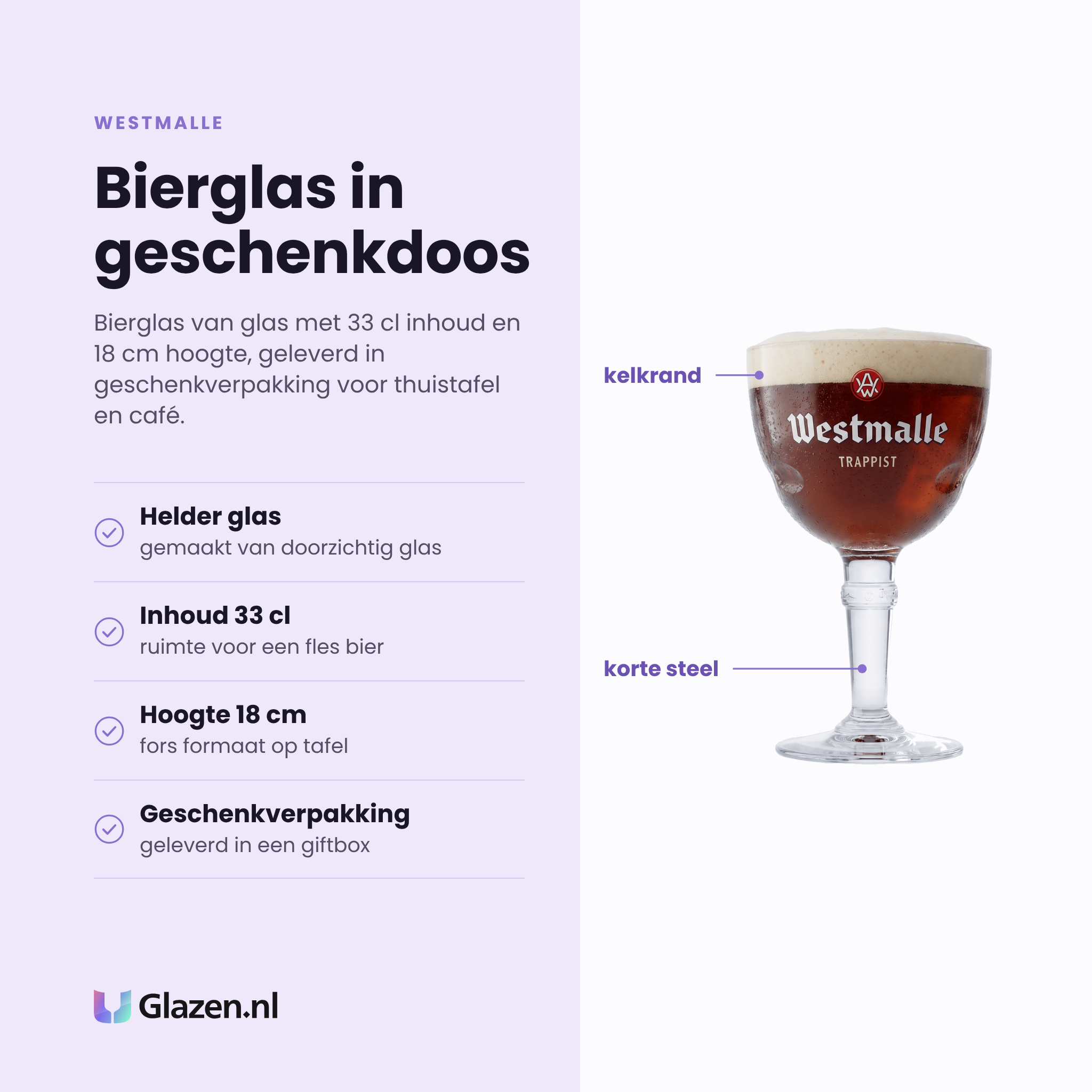 Westmalle bierglas 33 cl eigenschappen: helder glas, inhoud 33 cl, hoogte 18 cm, geleverd in geschenkverpakking