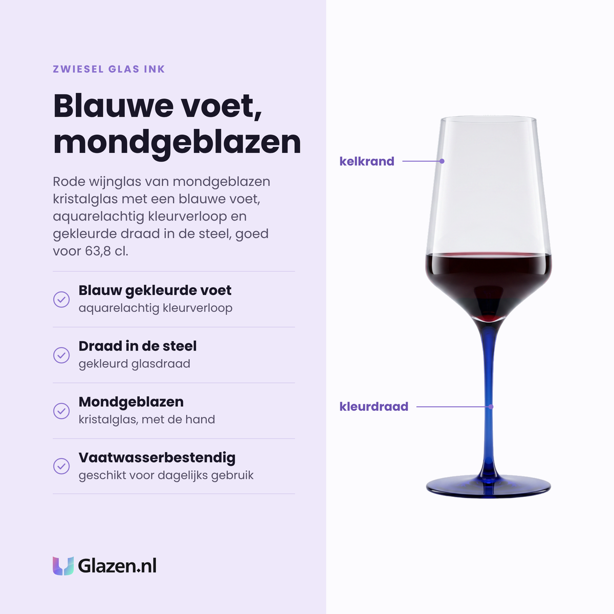Zwiesel Glas Ink rode wijnglas 63,8 cl eigenschappen: blauw gekleurde voet, gekleurde draad in de steel, mondgeblazen kristalglas, vaatwasserbestendig
