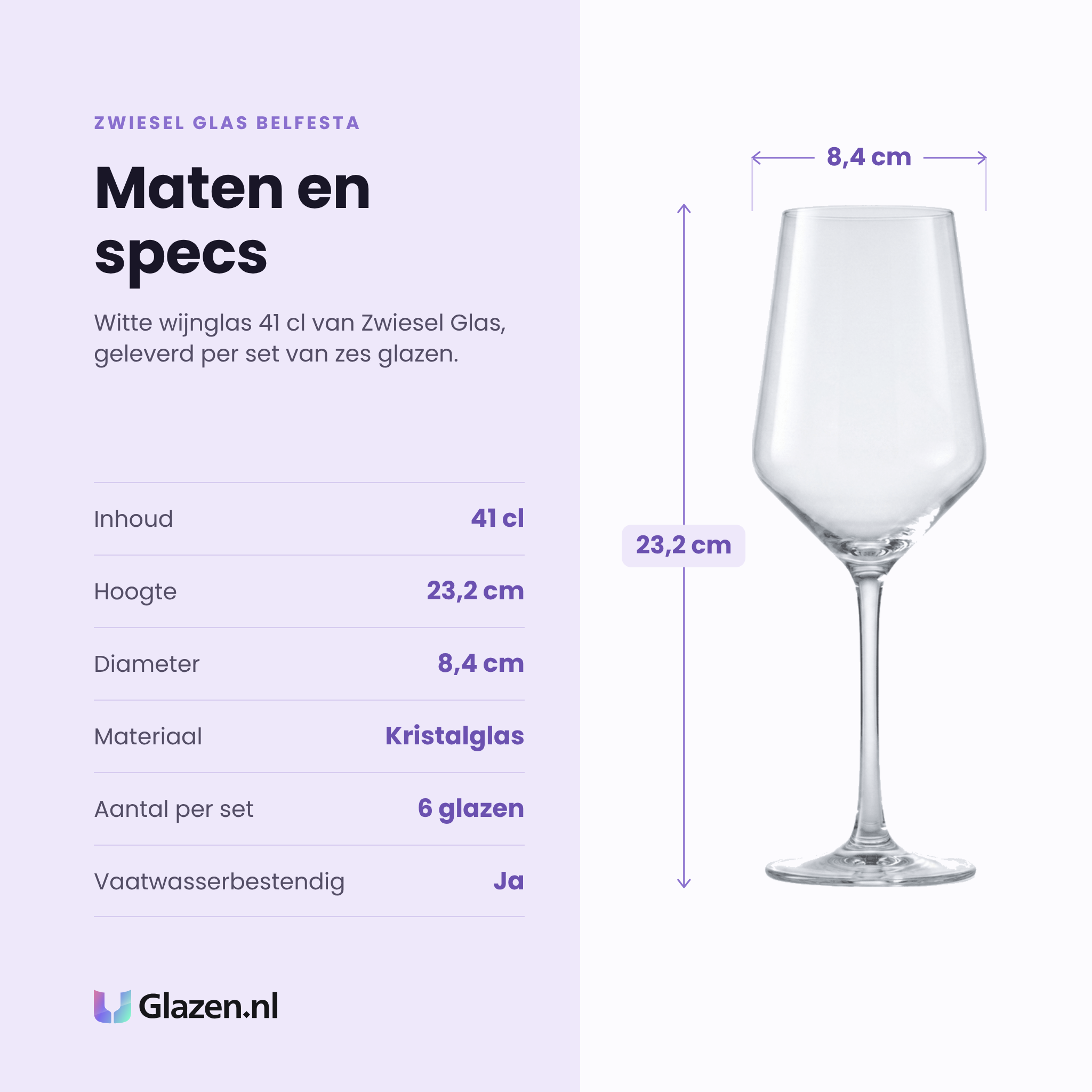 Zwiesel Glas Belfesta witte wijnglas 41 cl specificaties: inhoud 41 cl, hoogte 23,2 cm, diameter 8,4 cm, kristalglas, set van 6