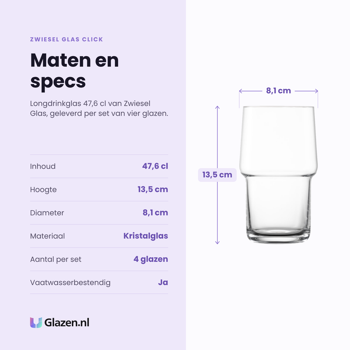 Zwiesel Glas Click longdrinkglas 47,6 cl specificaties: inhoud 47,6 cl, hoogte 13,5 cm, diameter 8,1 cm, kristalglas, set van 4