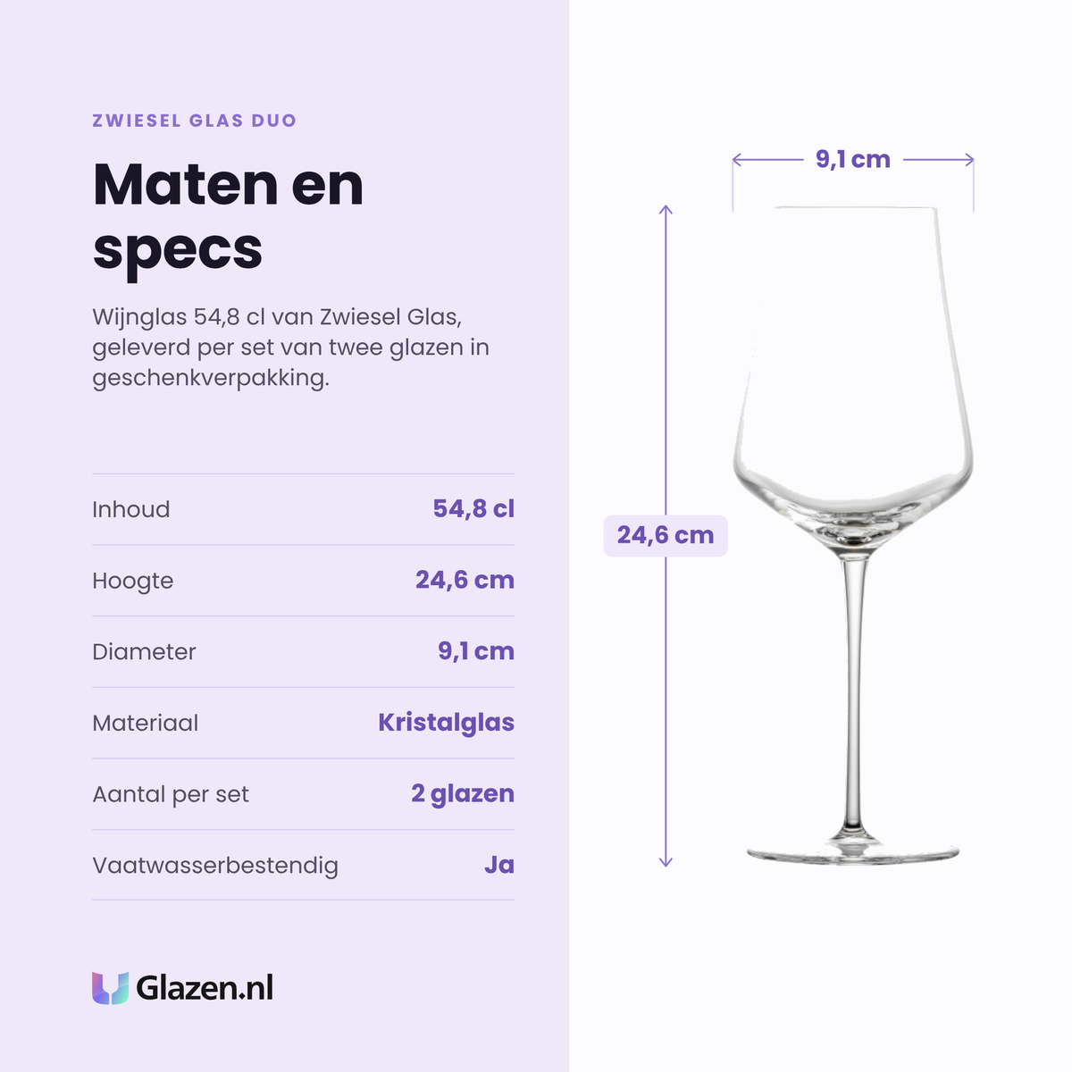 Zwiesel Glas Duo wijnglas 54,8 cl specificaties: inhoud 54,8 cl, hoogte 24,6 cm, diameter 9,1 cm, kristalglas, set van 2