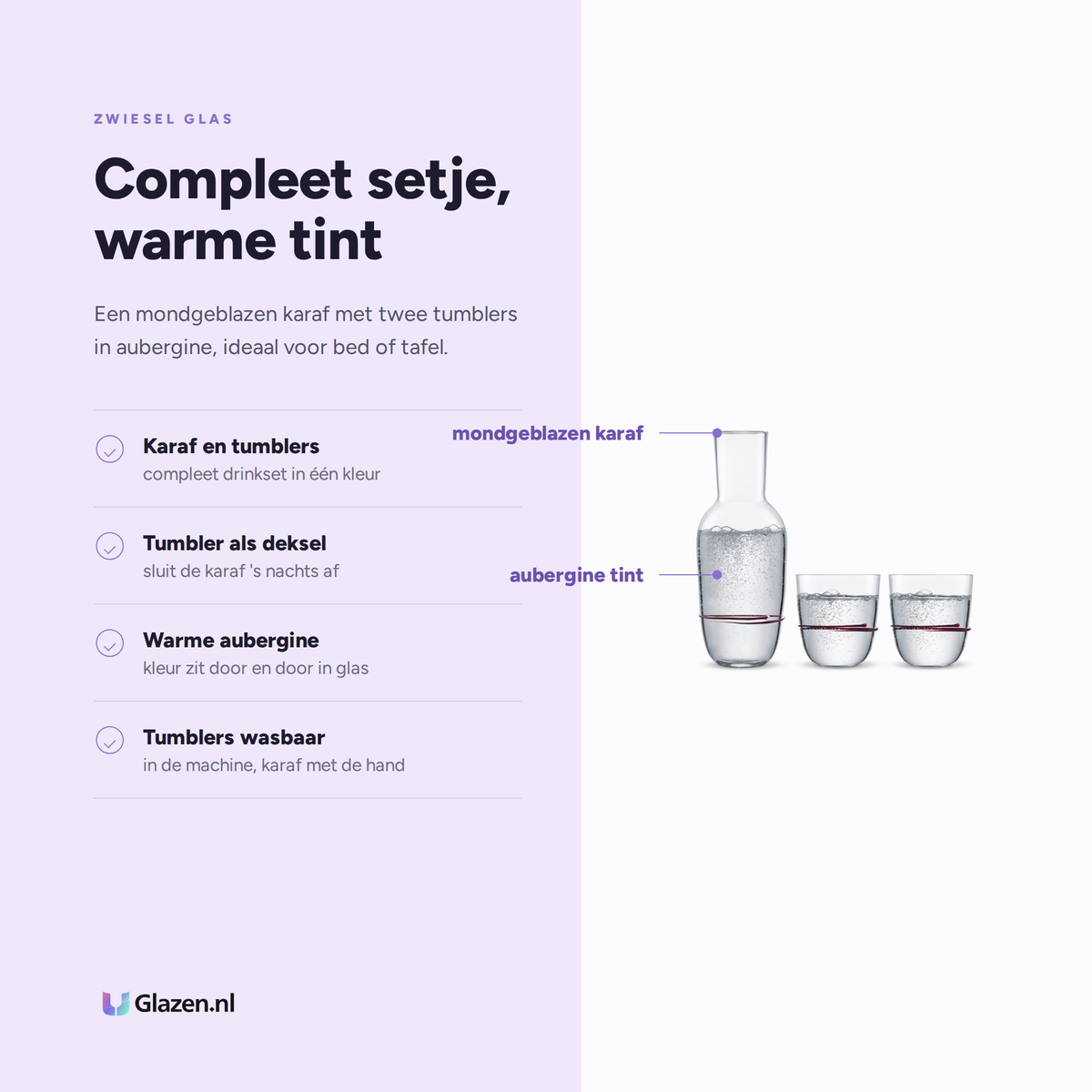 Eigenschappen van Zwiesel Glas Aura Set Karaf met 2 Tumblers Aubergine