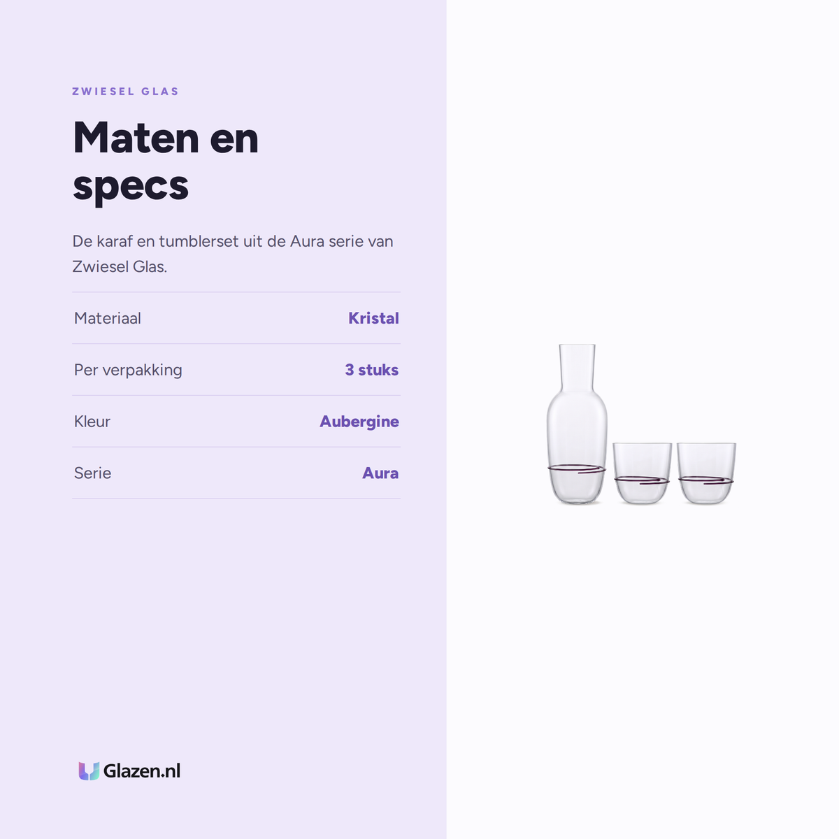 Maten en specs van Zwiesel Glas Aura Set Karaf met 2 Tumblers Aubergine