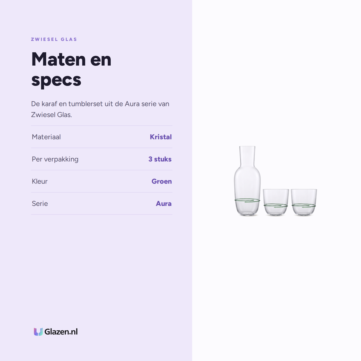 Maten en specs van Zwiesel Glas Aura Set Karaf met 2 Tumblers Groen