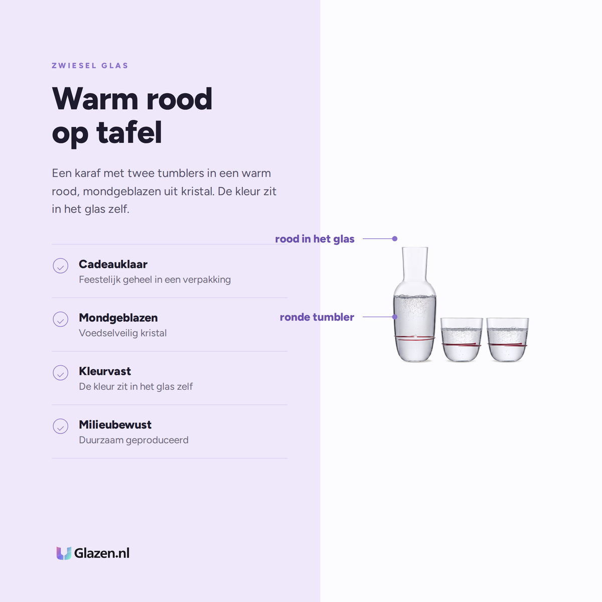 Eigenschappen van de Zwiesel Glas Aura set met karaf en twee rode tumblers