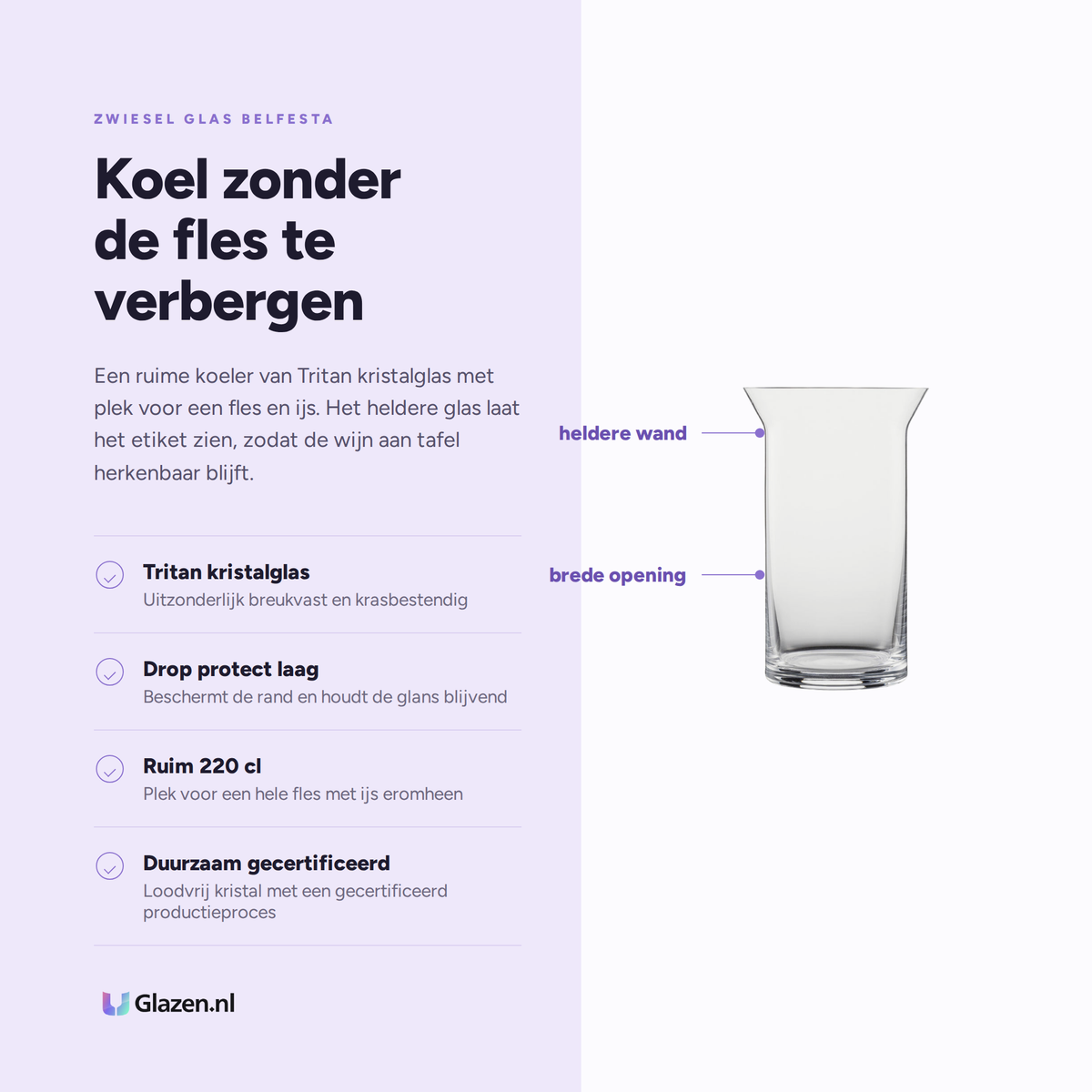 Infographic met de eigenschappen van de Zwiesel Glas Belfesta flessenkoeler 220 cl