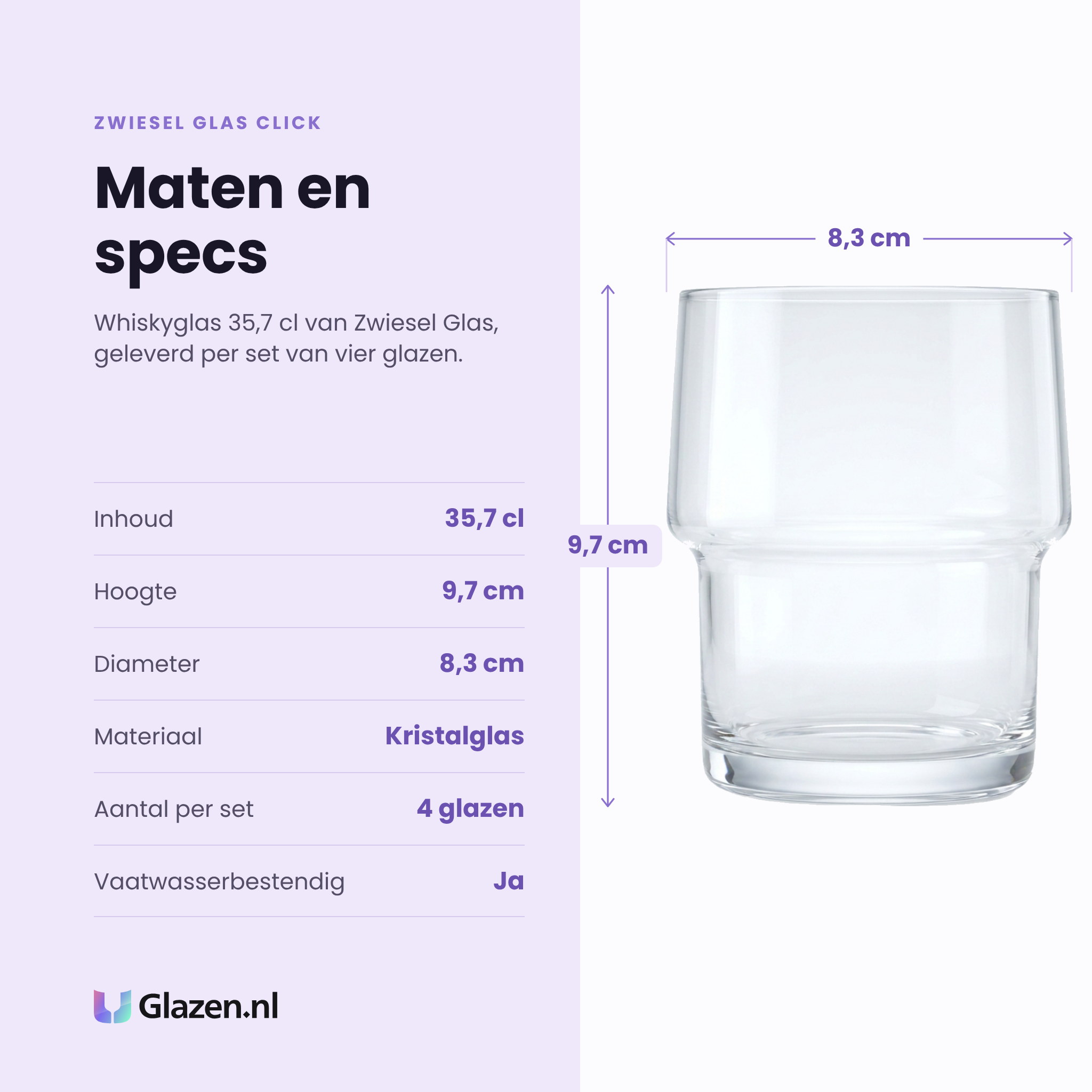 Zwiesel Glas Click whiskyglas 35,7 cl specificaties: inhoud 35,7 cl, hoogte 9,7 cm, diameter 8,3 cm, kristalglas, set van 4