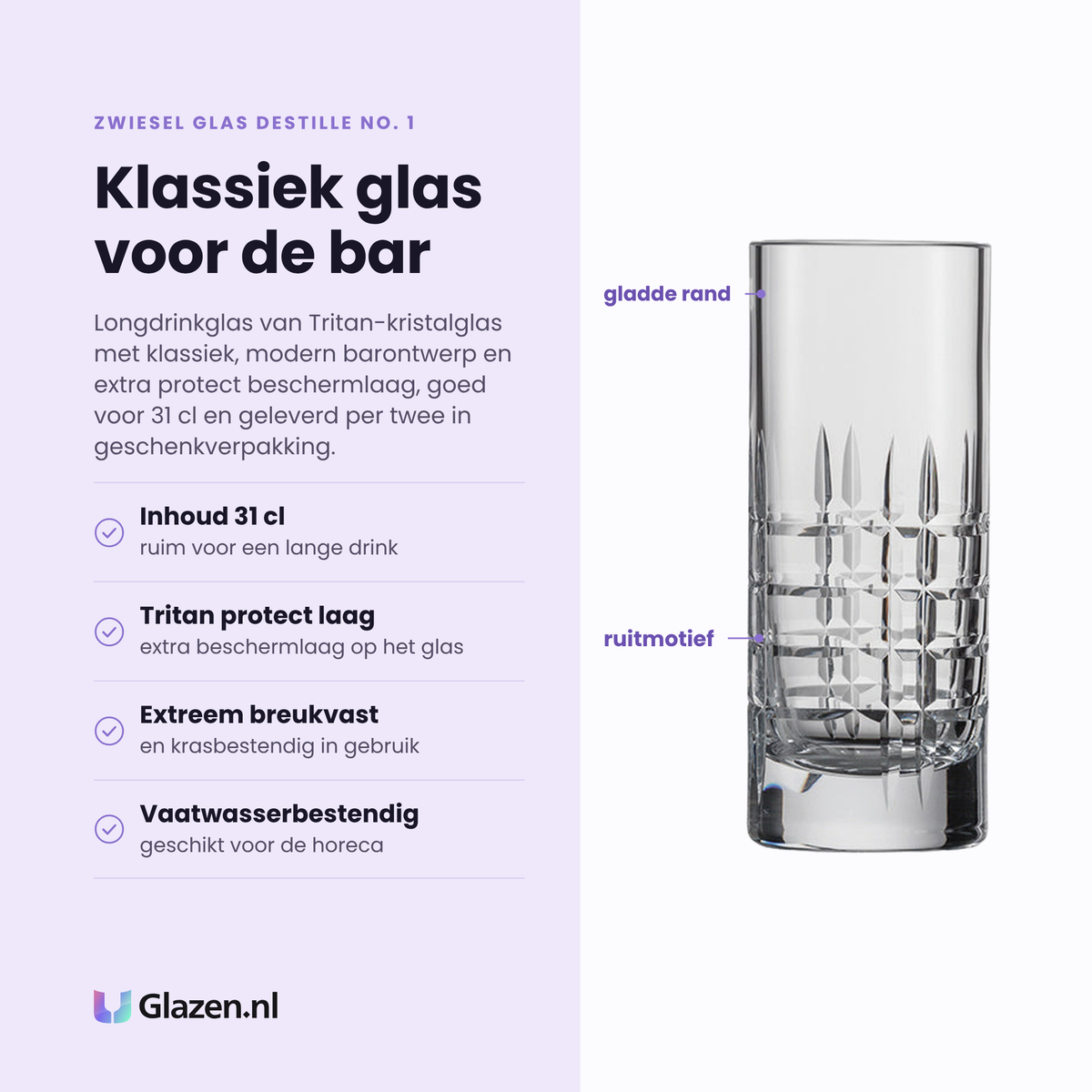Zwiesel Glas Destille No. 1 longdrinkglas 31 cl eigenschappen: tritan protect beschermlaag, extreem breukvast, krasbestendig, vaatwasserbestendig