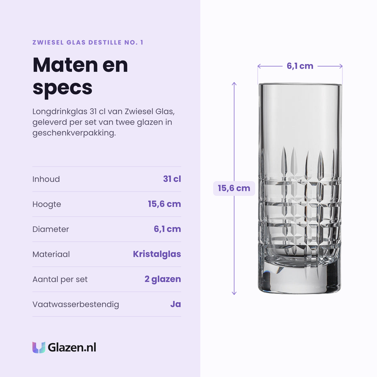 Zwiesel Glas Destille No. 1 longdrinkglas 31 cl specificaties: inhoud 31 cl, hoogte 15,6 cm, diameter 6,1 cm, kristalglas, set van 2