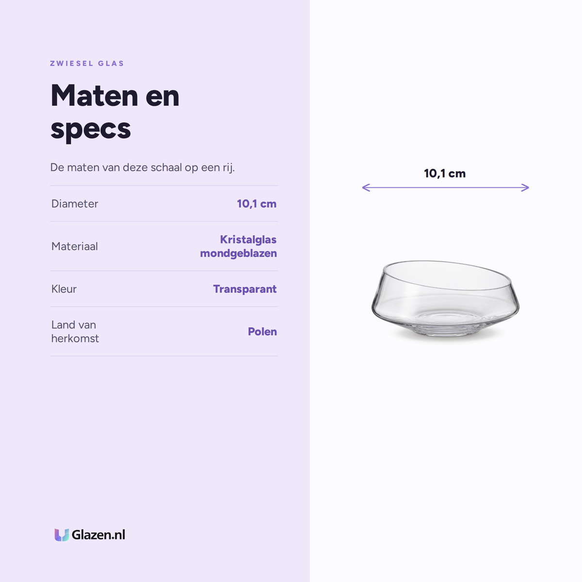Infographic met de maten en specs van Zwiesel Glas Diamonds Schaal 101 mm Kristal