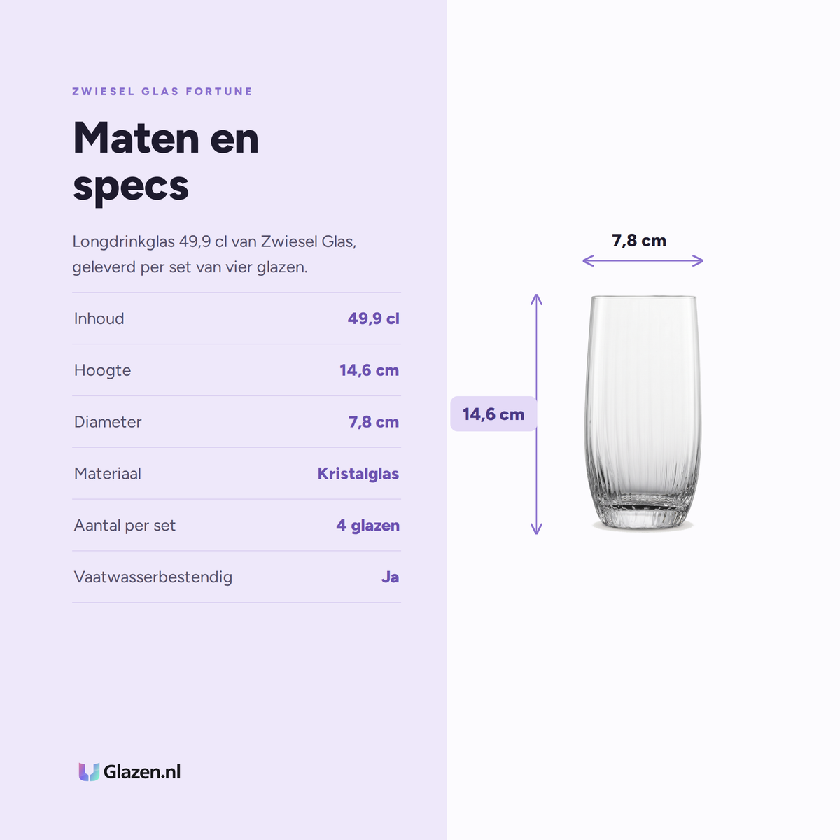 Zwiesel Glas Fortune Longdrinkglas 49,9 Cl specificaties: inhoud 49,9 cl, hoogte 14,6 cm, diameter 7,8 cm, materiaal Kristalglas, aantal per set 4 glazen, vaatwasserbestendig Ja