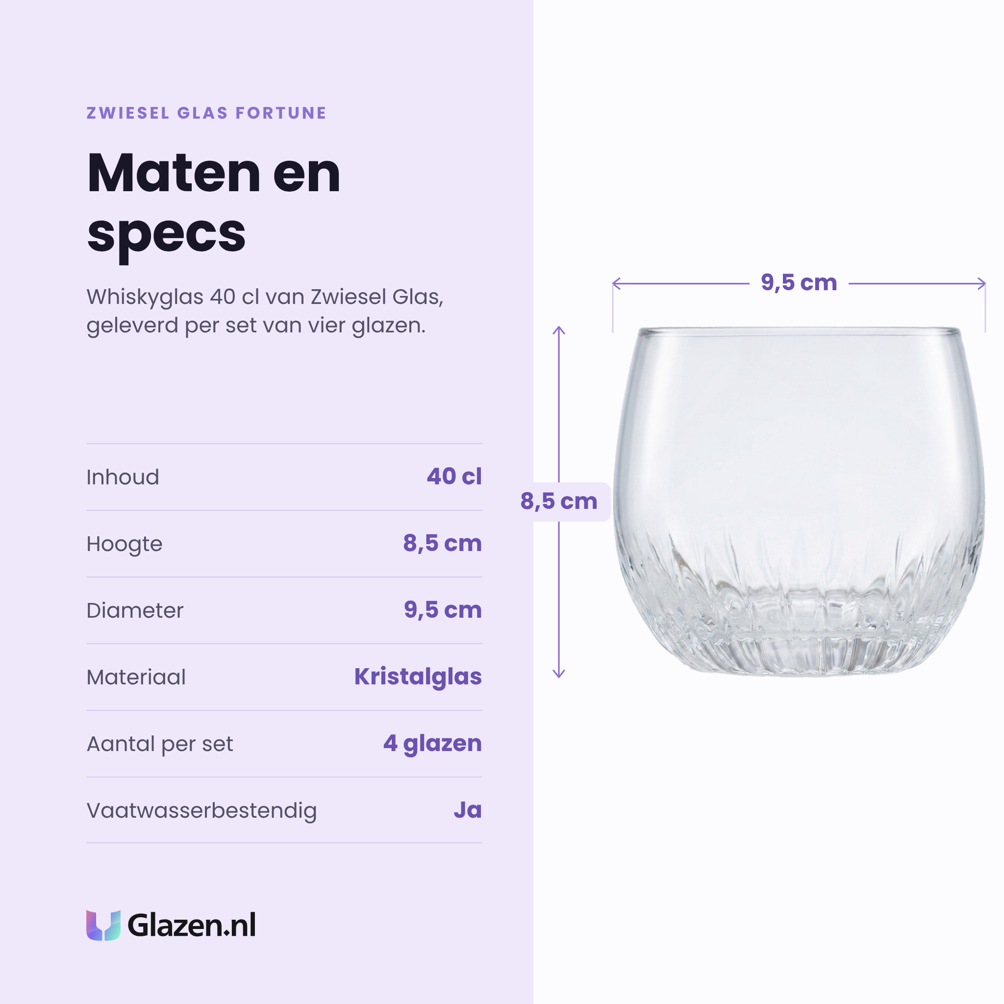 Zwiesel Glas Fortune whiskyglas 40 cl specificaties: inhoud 40 cl, hoogte 8,5 cm, diameter 9,5 cm, kristalglas, set van 4