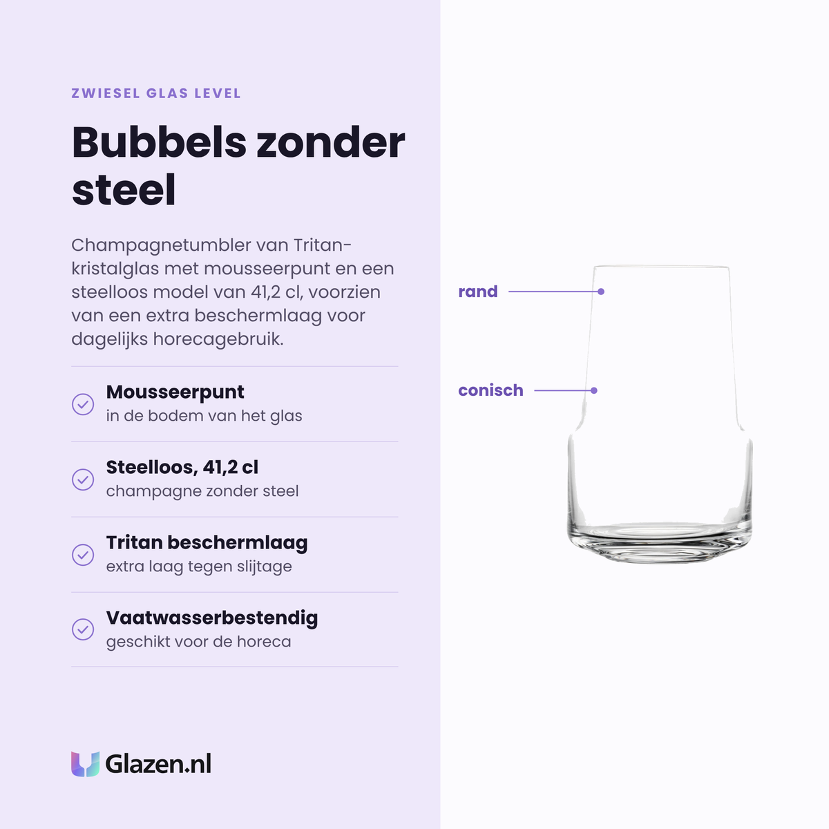 Zwiesel Glas Level champagnetumbler 41,2 cl eigenschappen: mousseerpunt in de bodem, steelloos model 41,2 cl, extra tritan beschermlaag, vaatwasserbestendig