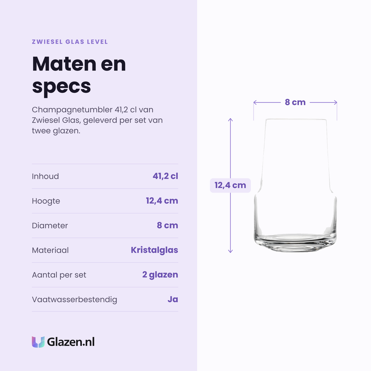 Zwiesel Glas Level champagnetumbler 41,2 cl specificaties: inhoud 41,2 cl, hoogte 12,4 cm, diameter 8 cm, kristalglas, set van 2