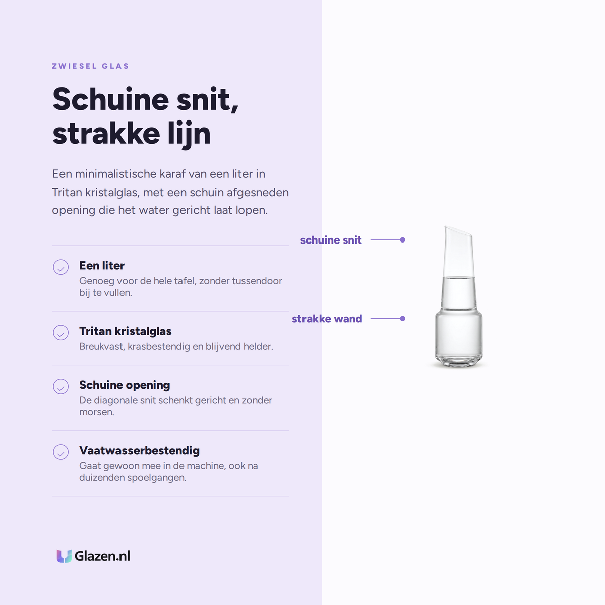 Zwiesel Glas Level Up karaf eigenschappen: een liter, Tritan kristalglas, schuine opening, vaatwasserbestendig