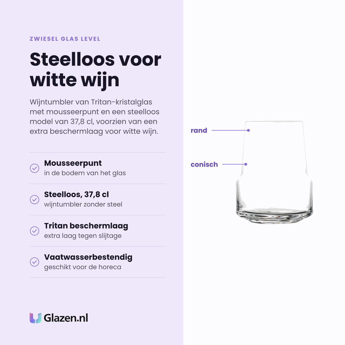 Zwiesel Glas Level witte wijntumbler 37,8 cl eigenschappen: mousseerpunt in de bodem, steelloos model 37,8 cl, extra tritan beschermlaag, vaatwasserbestendig