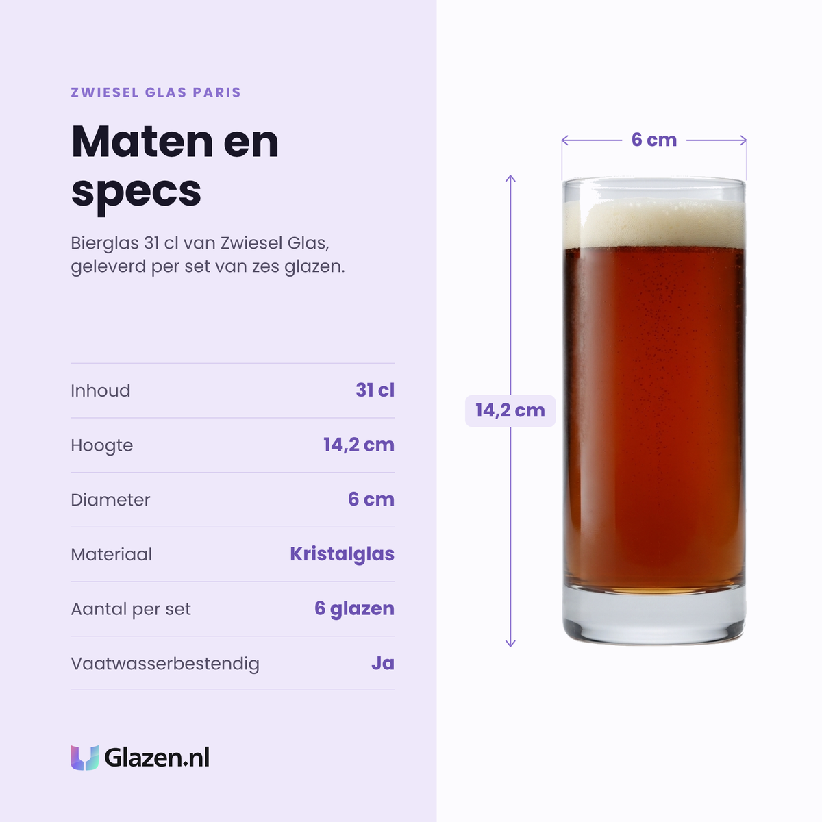 Zwiesel Glas Paris bierglas 31 cl specificaties: inhoud 31 cl, hoogte 14,2 cm, diameter 6 cm, kristalglas, set van 6