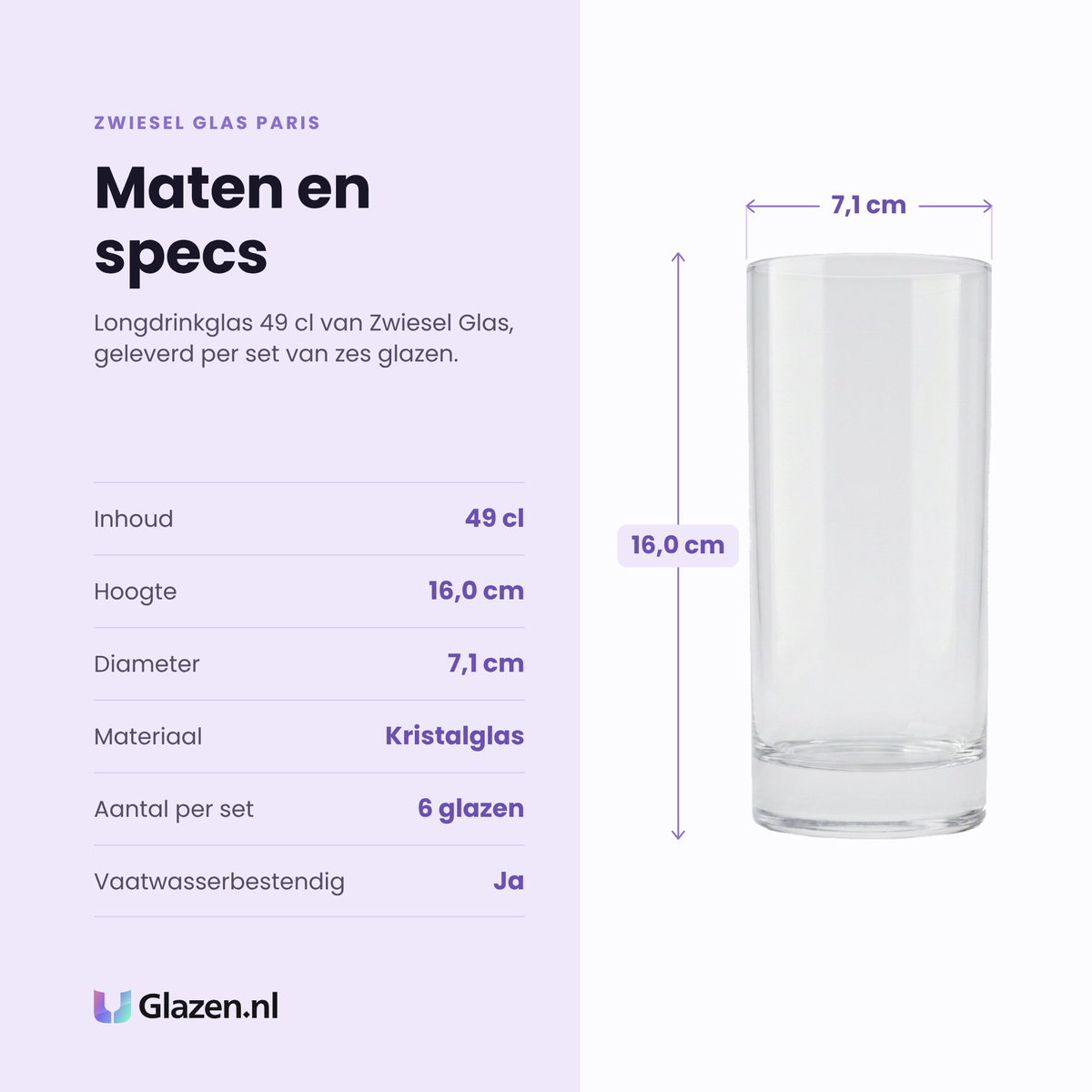 Zwiesel Glas Paris longdrinkglas 49 cl specificaties: inhoud 49 cl, hoogte 16 cm, diameter 7,1 cm, kristalglas, set van 6