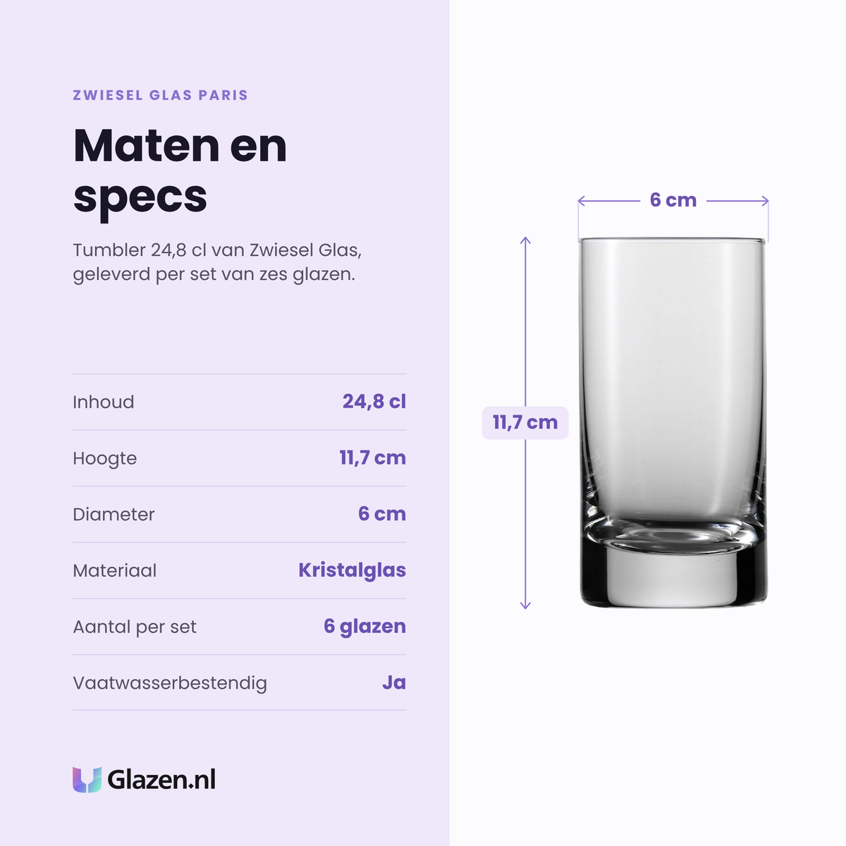 Zwiesel Glas Paris tumbler 24,8 cl specificaties: inhoud 24,8 cl, hoogte 11,7 cm, diameter 6 cm, kristalglas, set van 6