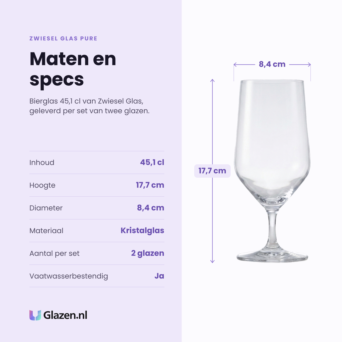 Zwiesel Glas Pure bierglas 45,1 cl specificaties: inhoud 45,1 cl, hoogte 17,7 cm, diameter 8,4 cm, kristalglas, set van 2
