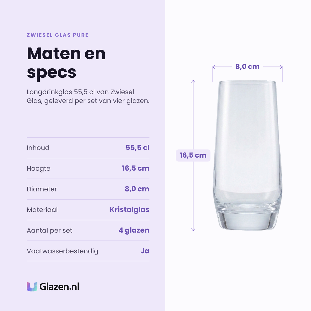Zwiesel Glas Pure longdrinkglas 55,5 cl specificaties: inhoud 55,5 cl, hoogte 16,5 cm, diameter 8 cm, kristalglas, set van 4