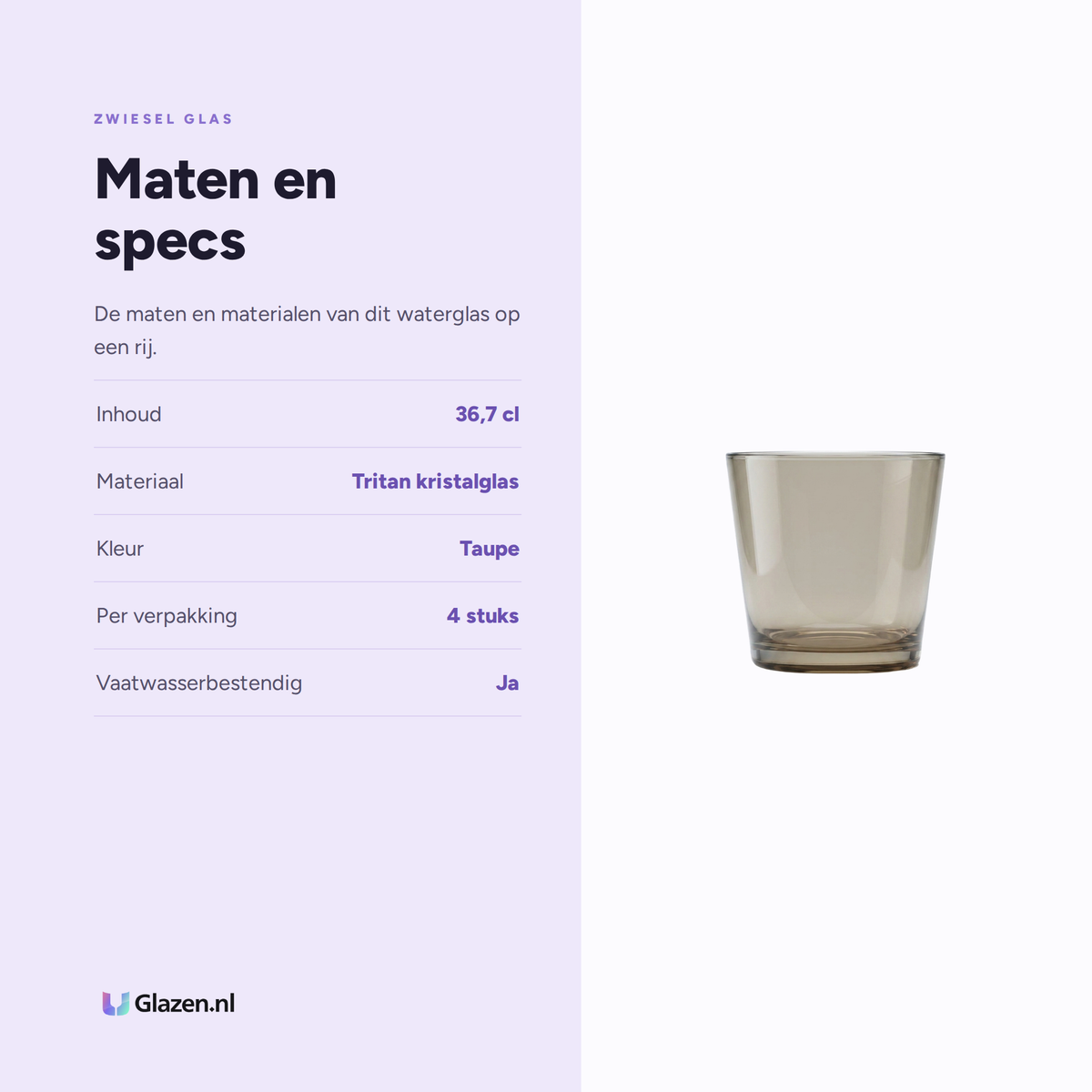Maten en specificaties van de Zwiesel Glas Together Waterglas 36,7 Cl Taupe - 4 Stuks