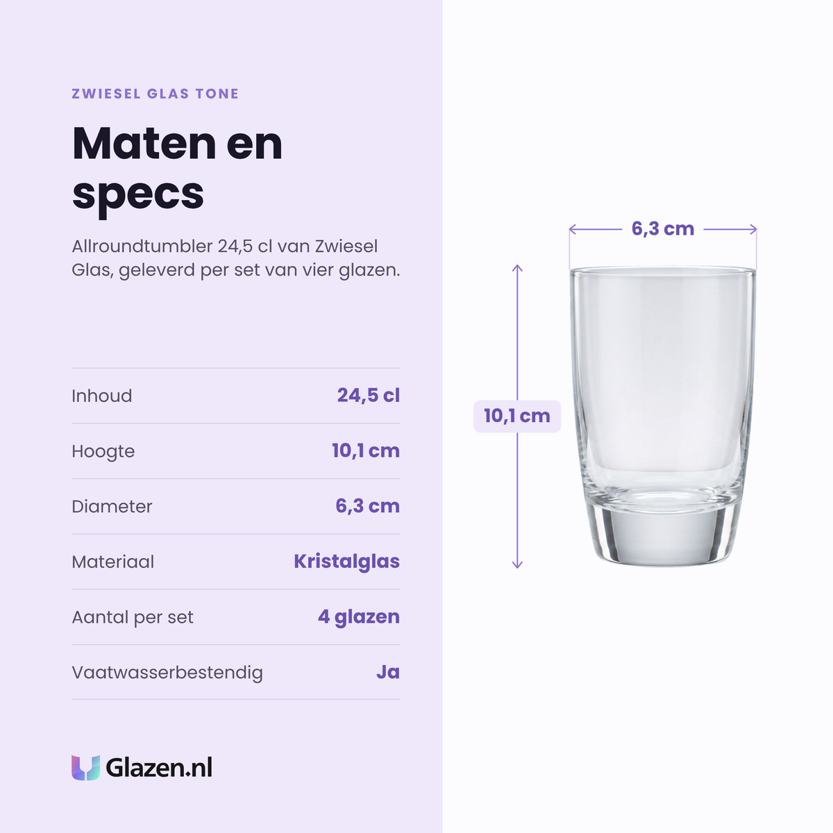 Zwiesel Glas Tone allroundtumbler 24,5 cl specificaties: inhoud 24,5 cl, hoogte 10,1 cm, diameter 6,3 cm, kristalglas, set van 4