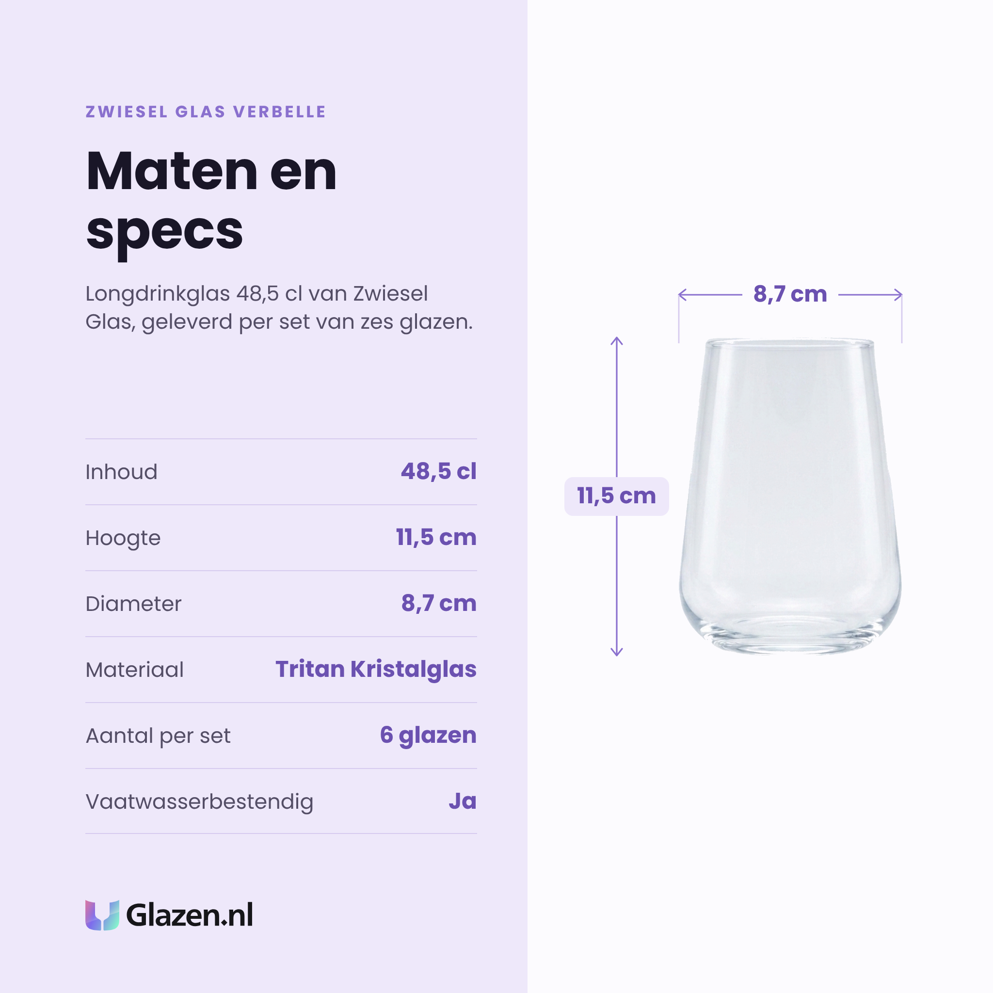 Zwiesel Glas Verbelle longdrinkglas 48,5 cl specificaties: inhoud 48,5 cl, hoogte 11,5 cm, diameter 8,7 cm, tritan kristalglas, set van 6