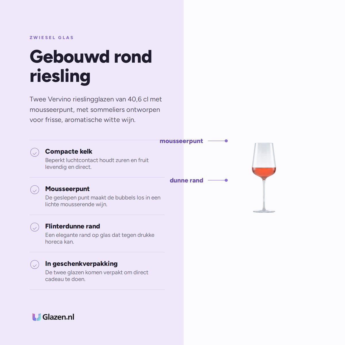 Eigenschappen van de Zwiesel Glas Vervino Rieslingglas 40,6 Cl met Mousseerpunt in Geschenkverpakking - 2 Stuks