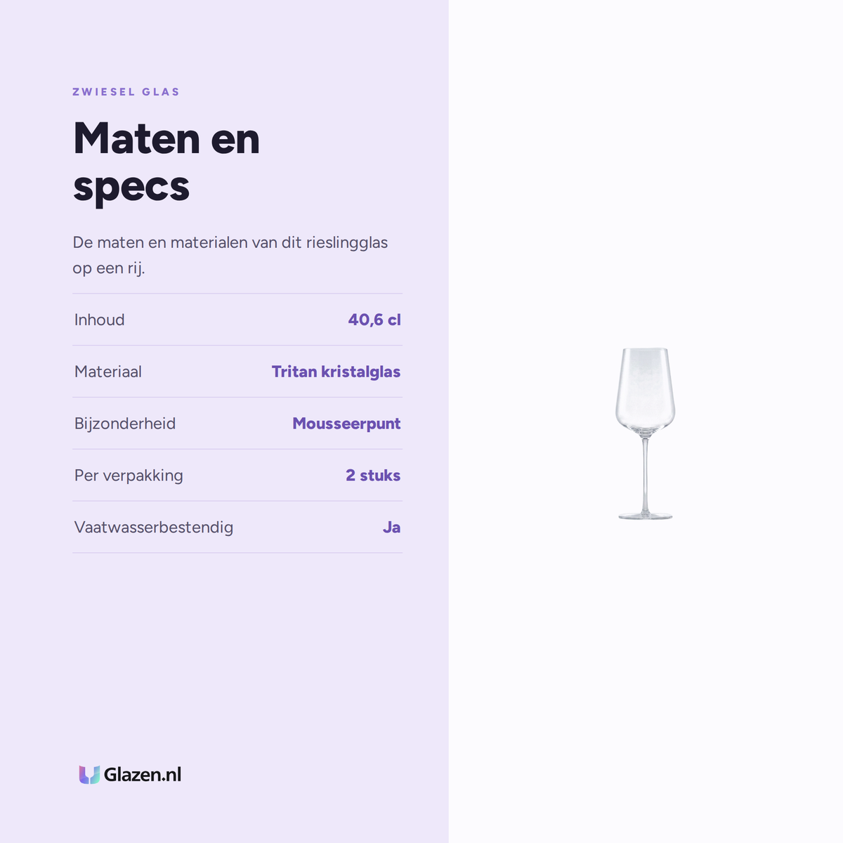 Maten en specificaties van de Zwiesel Glas Vervino Rieslingglas 40,6 Cl met Mousseerpunt in Geschenkverpakking - 2 Stuks