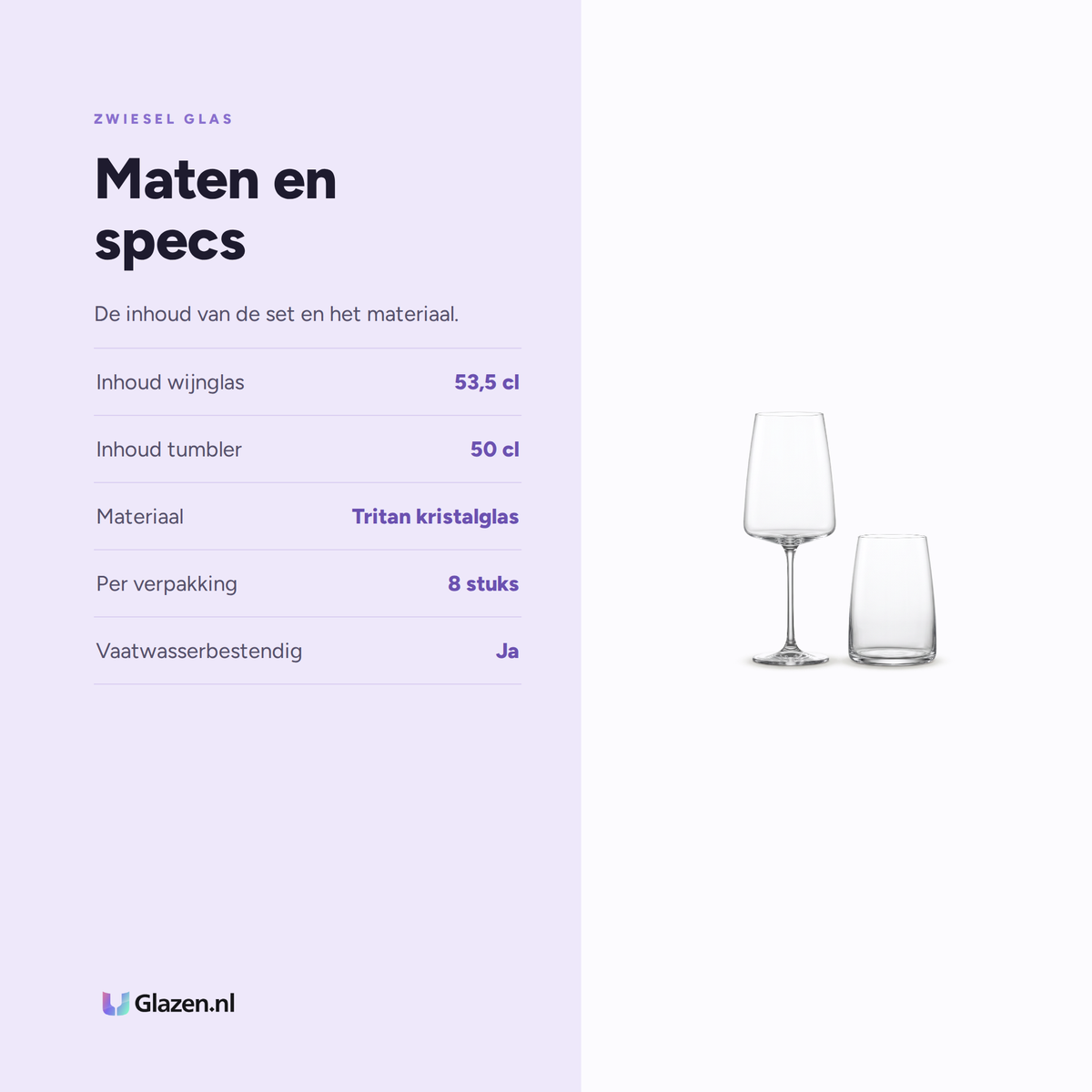 Zwiesel Glas Vivid Senses All Senses set specificaties: wijnglas 53,5 cl, tumbler 50 cl, Tritan kristalglas, set van 8
