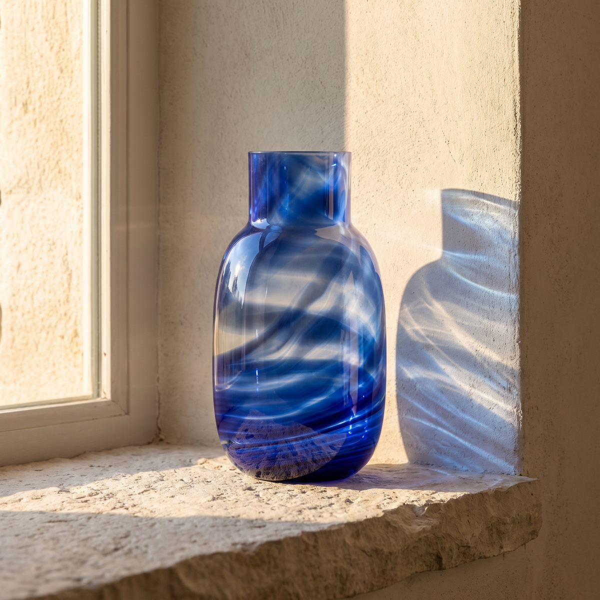 Blauwe Waters vaas in het zonlicht op een stenen vensterbank